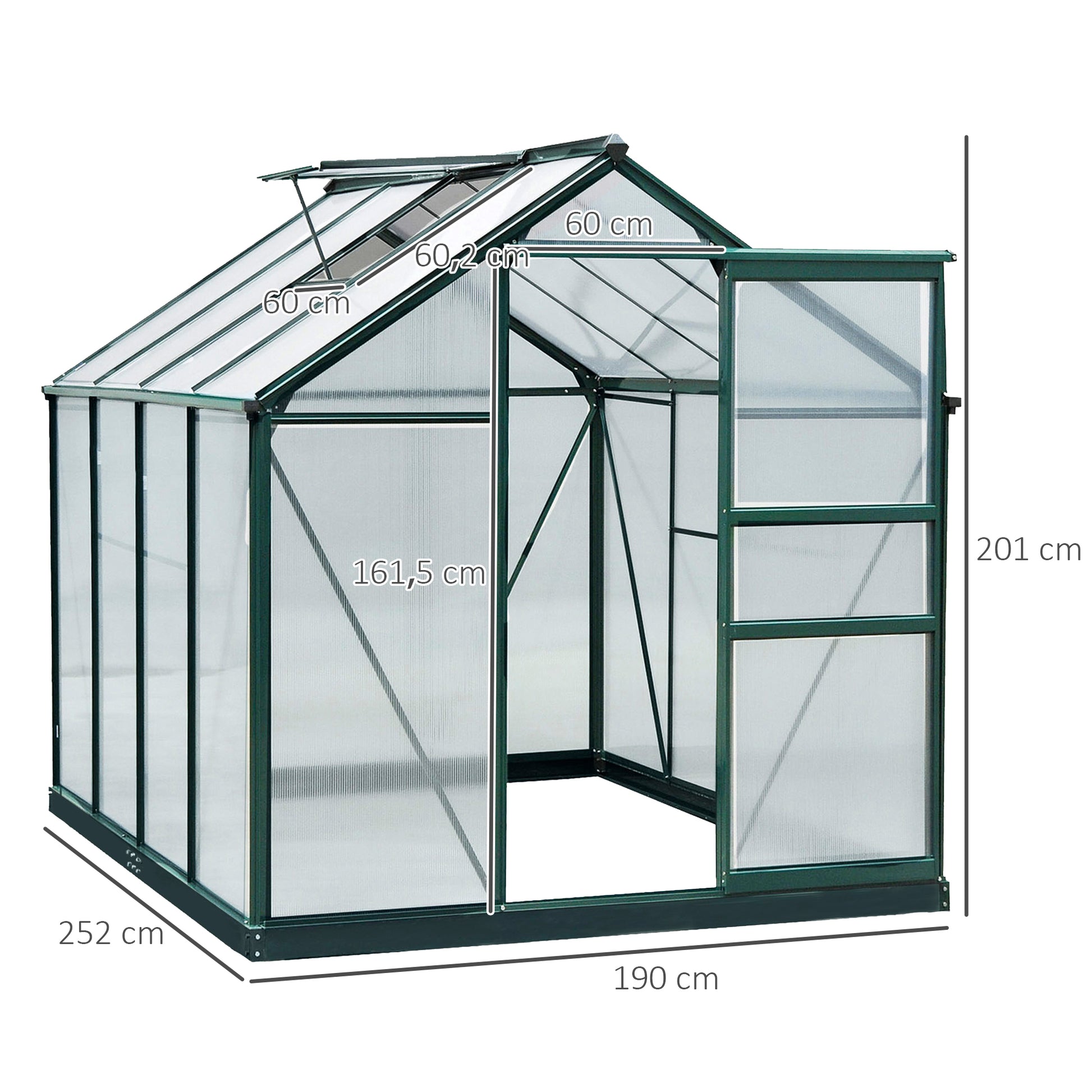 Outsunny Invernadero de Jardín 2x2,5 m Policarbonato y Aluminio Vivero Casero con Tragaluz Protección UV30 y Base 4,79 m² para Macetas Cultivo Plantas Flores Transparente