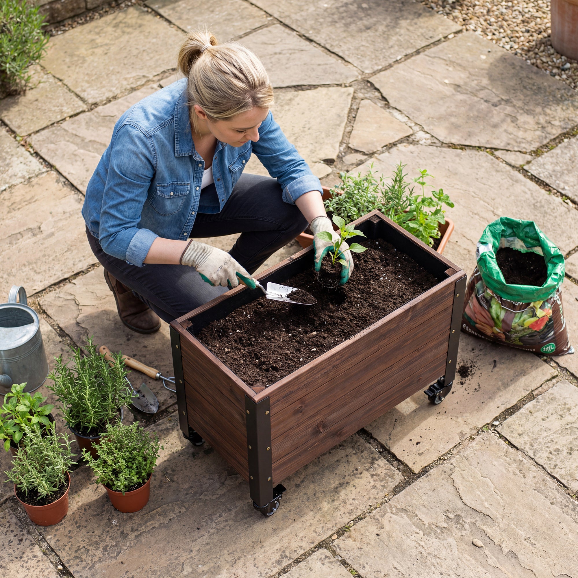 Outsunny Jardinera Exterior de Madera con Ruedas, Huerto Urbano Elevado con Orificio de Drenaje y Tela no Tejida, Macetero Exterior Rectangular para Jardín, Terraza, 60x30x41 cm, Marrón Oscuro