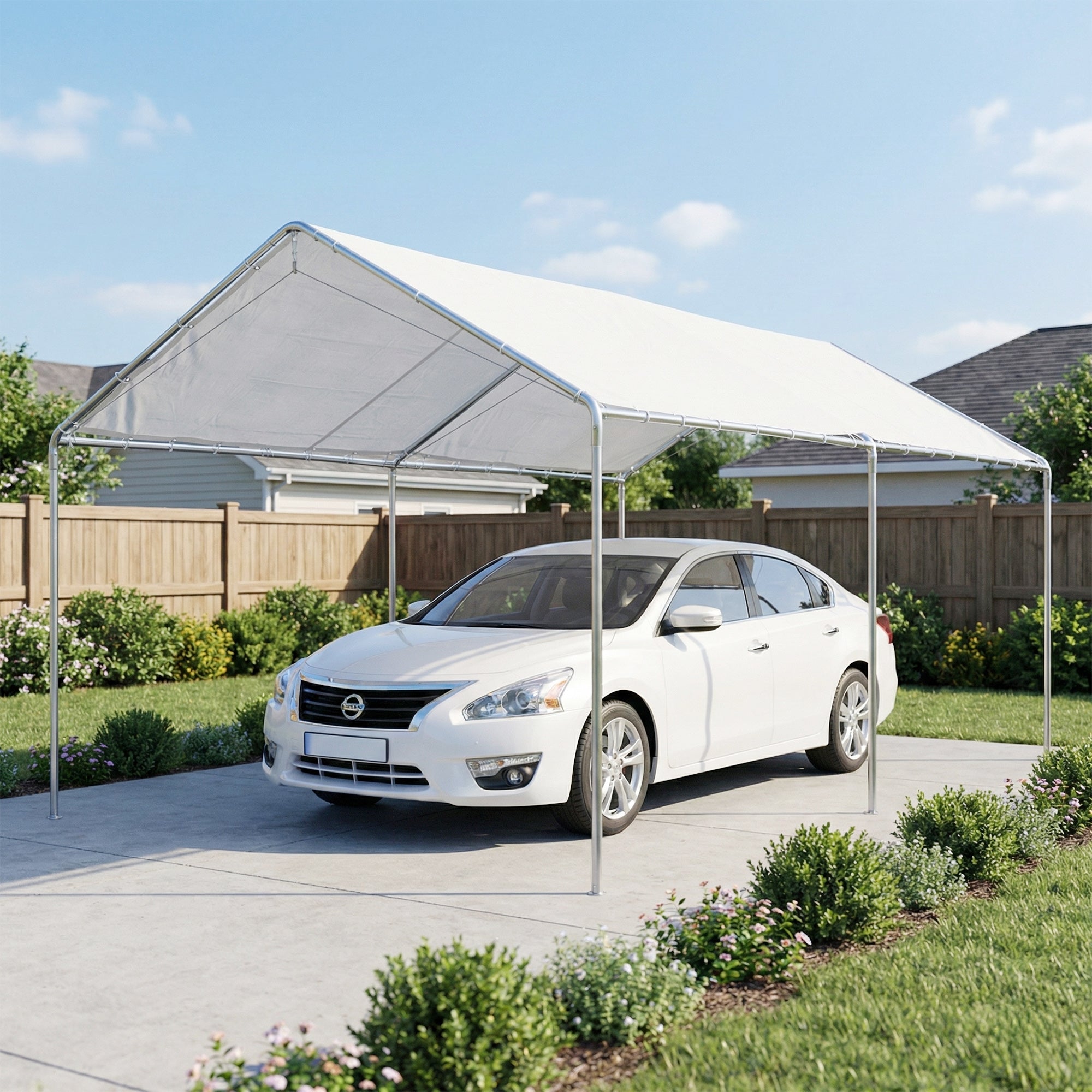 Outsunny Carpa Garaje para Coche 3x6 m, Cochera Exterior Portátil con Marco de Acero Galvanizado, Impermeable, Anti-UV, Pabellón Gazebo de Jardín con Accesorios, para Eventos, Fiestas, Blanco