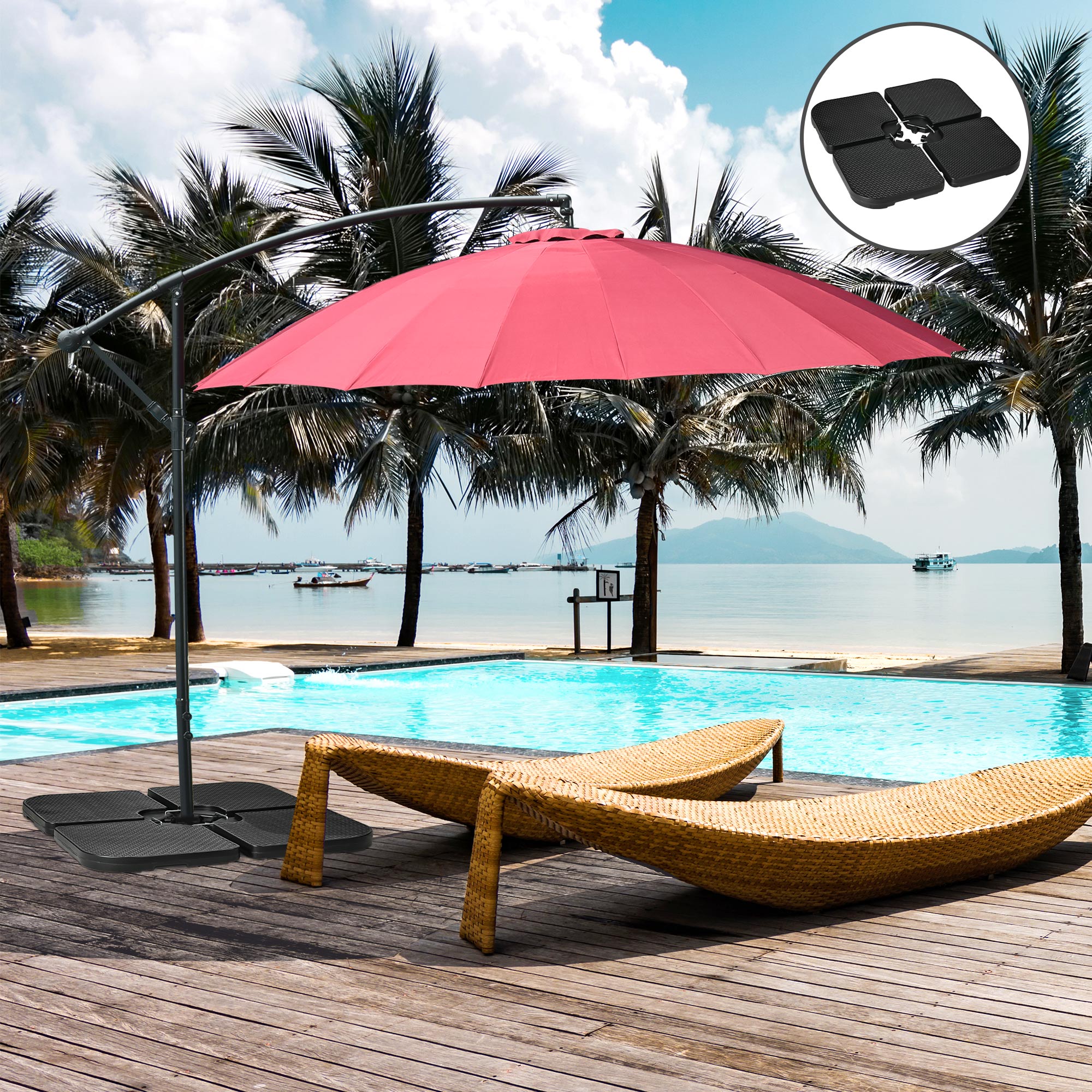 Outsunny Base para Sombrilla de 4 Piezas, Soporte para Parasol de HDPE Rellenable con Agua 59 kg o Arena 80 kg, para Jardín, Patio, Terraza, Negro