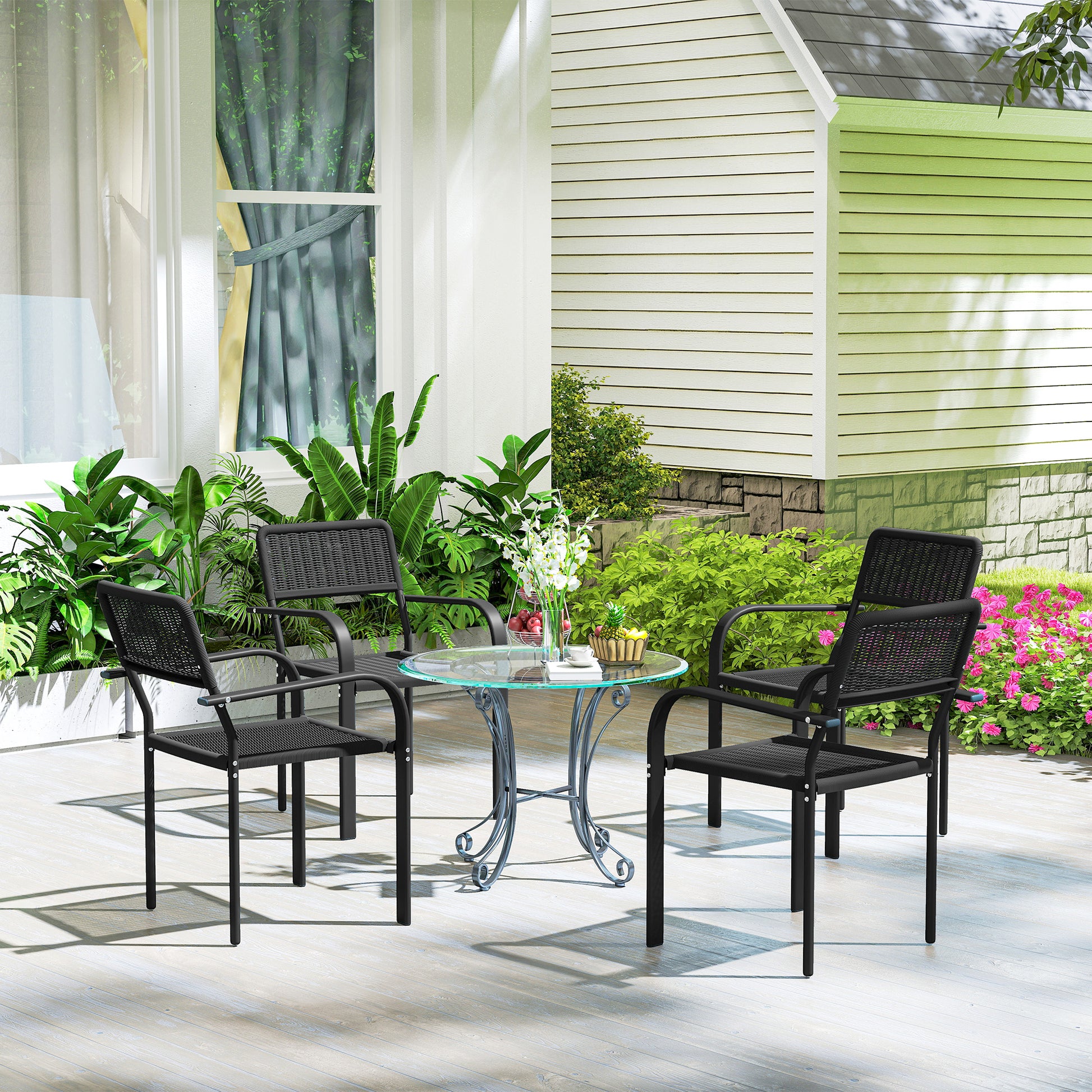 Outsunny Juego de 4 Sillas de Jardín Exterior Apilables, Sillas de Comedor Exterior Efecto Ratán, con Reposabrazos, Marco de Acero, Resistente a la Intemperie y Ligero, 55x60x83 cm, Negro