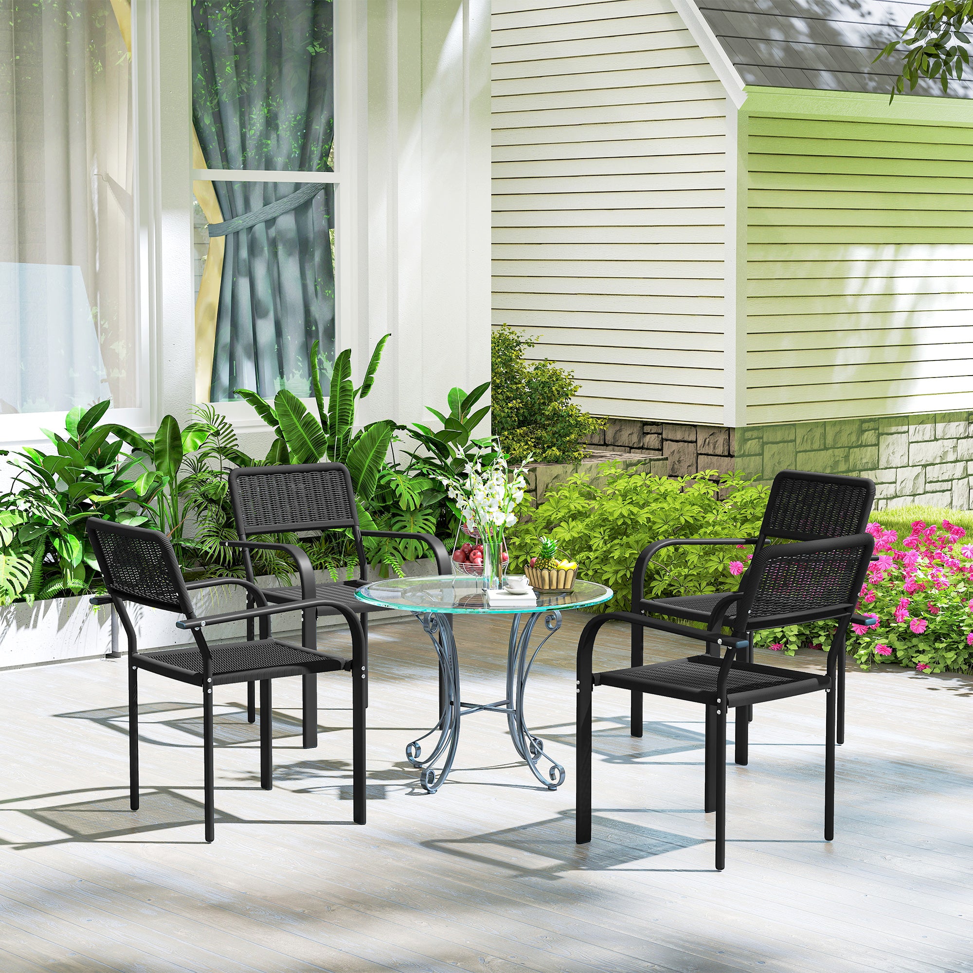 Outsunny Juego de 4 Sillas de Jardín Exterior Apilables, Sillas de Comedor Exterior Efecto Ratán, con Reposabrazos, Marco de Acero, Resistente a la Intemperie y Ligero, 55x60x83 cm, Negro