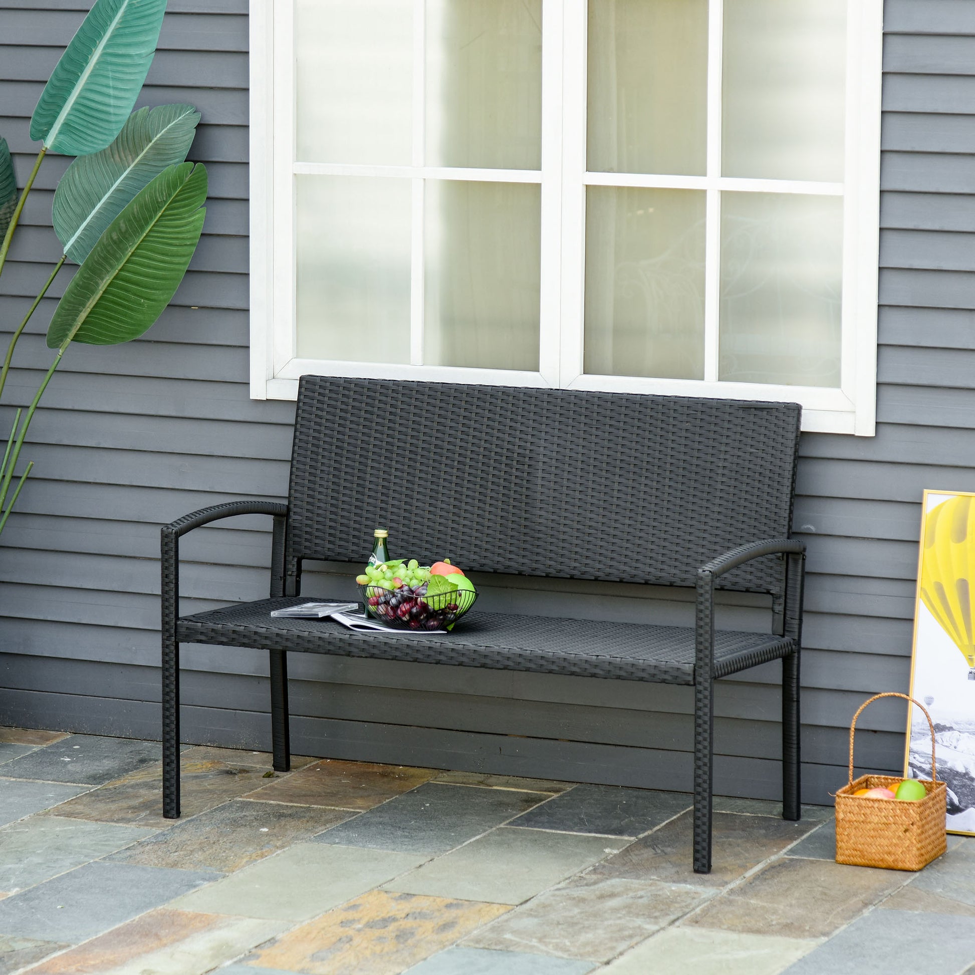 Outsunny Banco Jardín Lounge Silla 2 Plazas Muebles para Jardín Exterior Terraza 2 Plazas Ratán Sintético Carga 240kg 122x60x85 cm Marco Acero