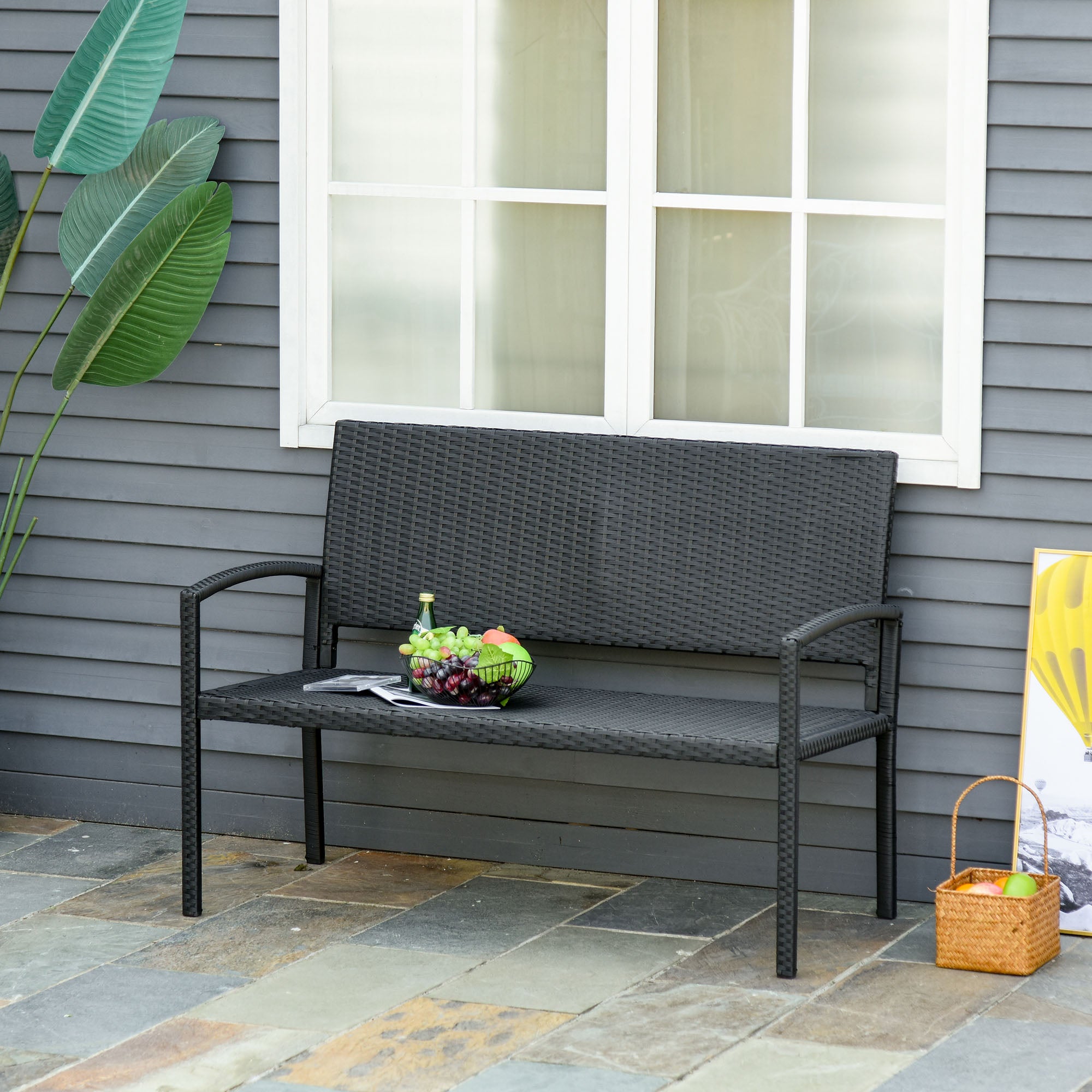 Outsunny Banco Jardín Lounge Silla 2 Plazas Muebles para Jardín Exterior Terraza 2 Plazas Ratán Sintético Carga 240kg 122x60x85 cm Marco Acero