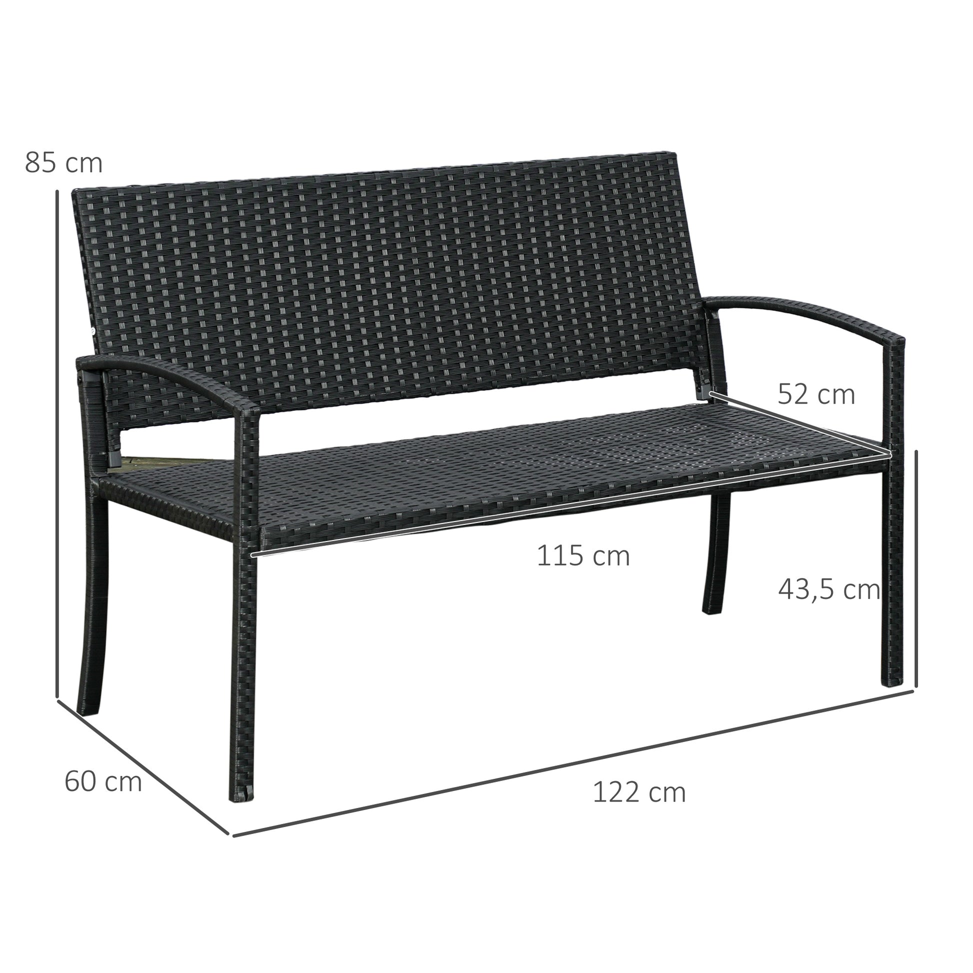 Outsunny Banco Jardín Lounge Silla 2 Plazas Muebles para Jardín Exterior Terraza 2 Plazas Ratán Sintético Carga 240kg 122x60x85 cm Marco Acero