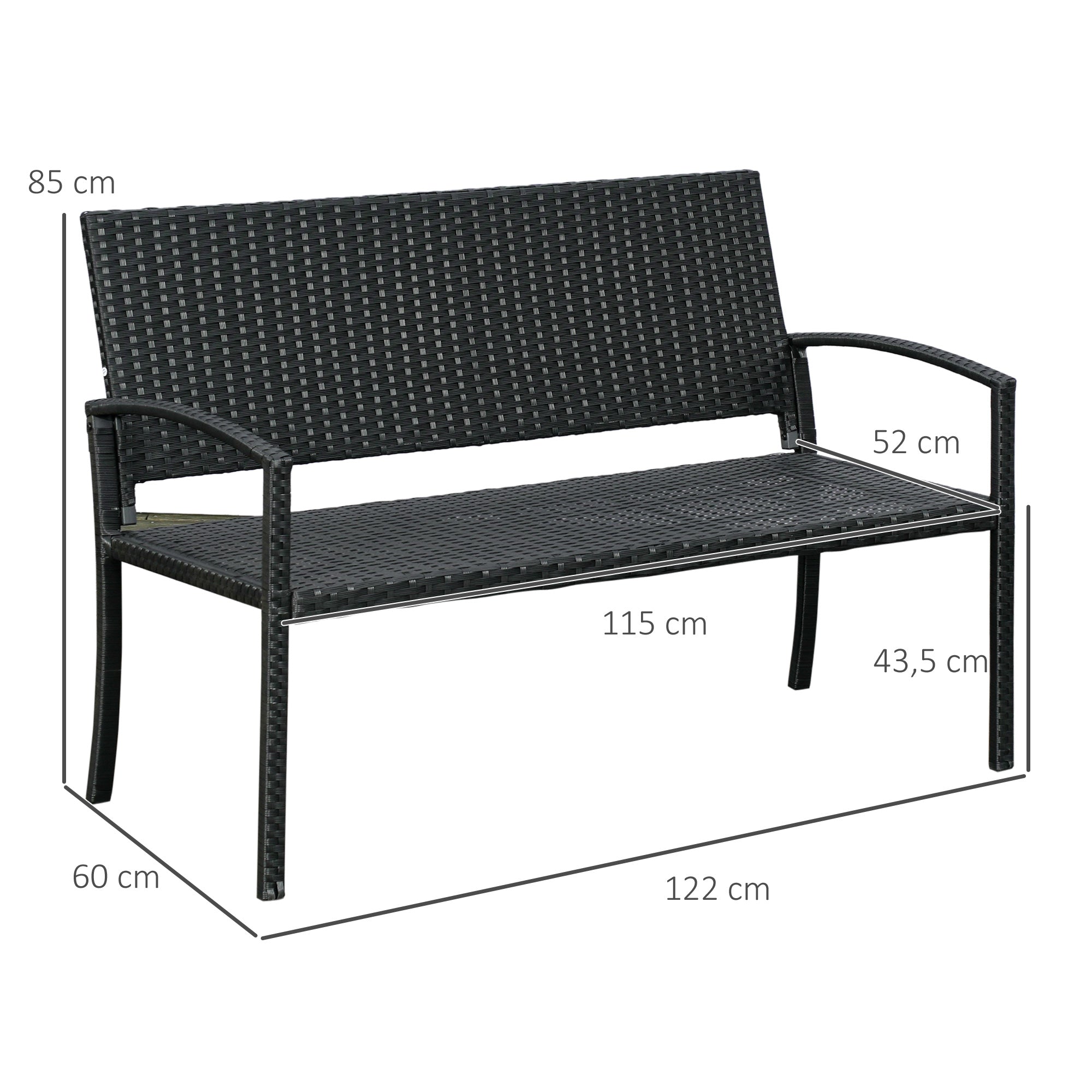 Outsunny Banco Jardín Lounge Silla 2 Plazas Muebles para Jardín Exterior Terraza 2 Plazas Ratán Sintético Carga 240kg 122x60x85 cm Marco Acero