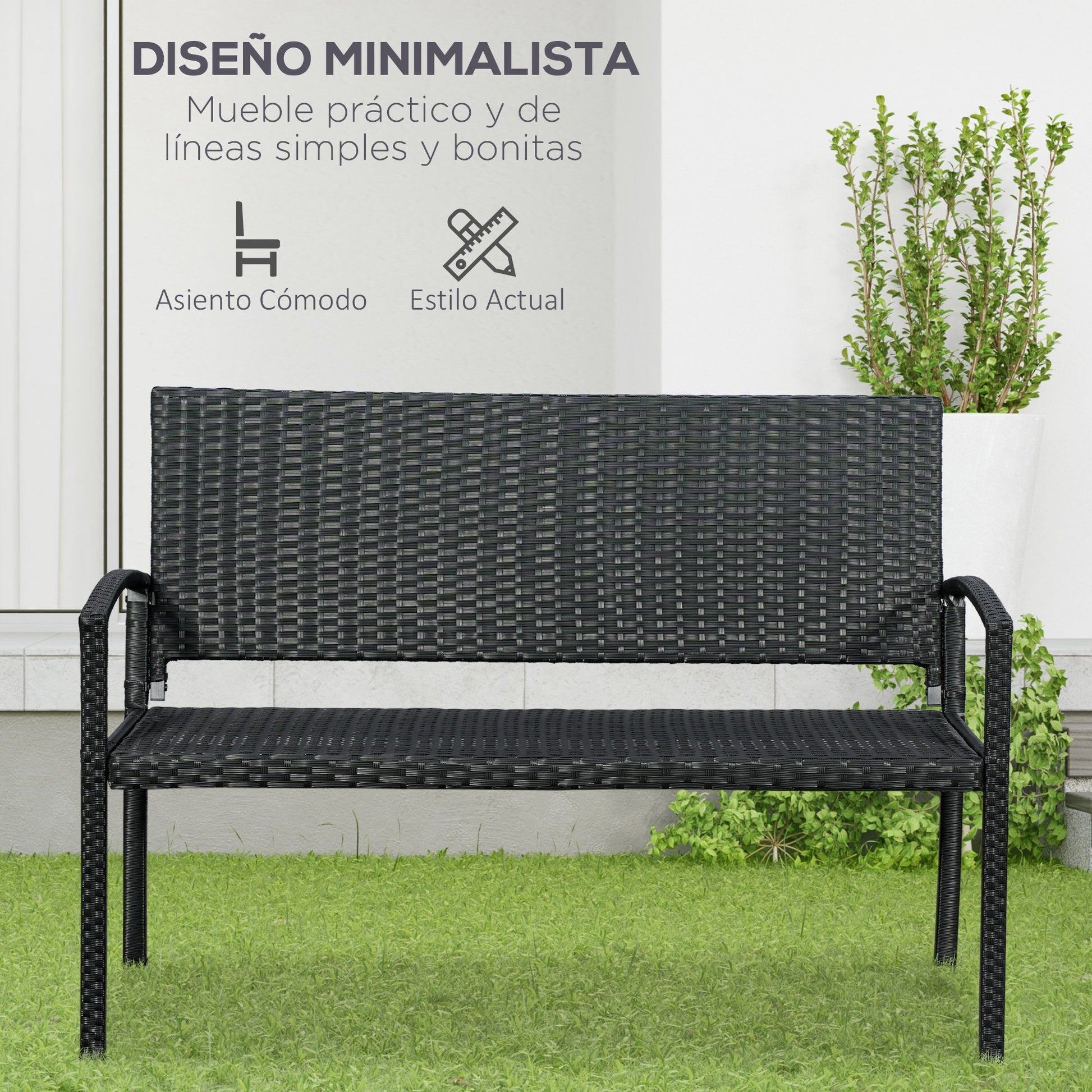 Outsunny Banco Jardín Lounge Silla 2 Plazas Muebles para Jardín Exterior Terraza 2 Plazas Ratán Sintético Carga 240kg 122x60x85 cm Marco Acero