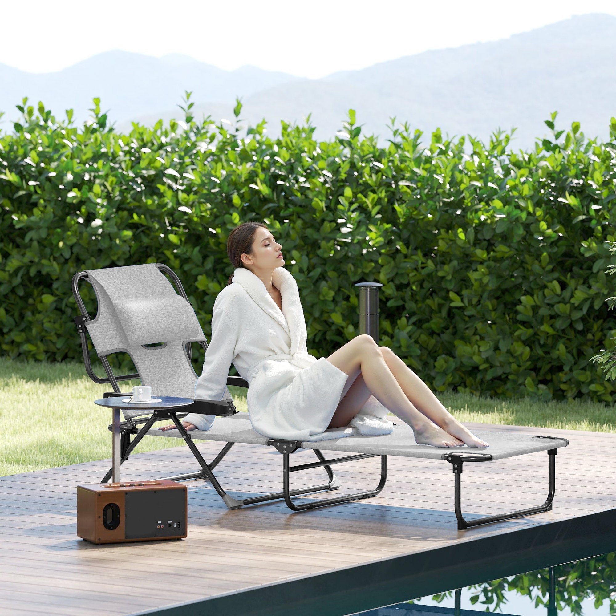 Outsunny Tumbona Plegable, Tumbona Jardín Exterior con Respaldo Ajustable en 4 Posiciones, Orificio de Lectura, Reposacabezas y Brazos, Carga 120 kg, para Terraza, Piscina, 145x72x89 cm, Gris Oscuro