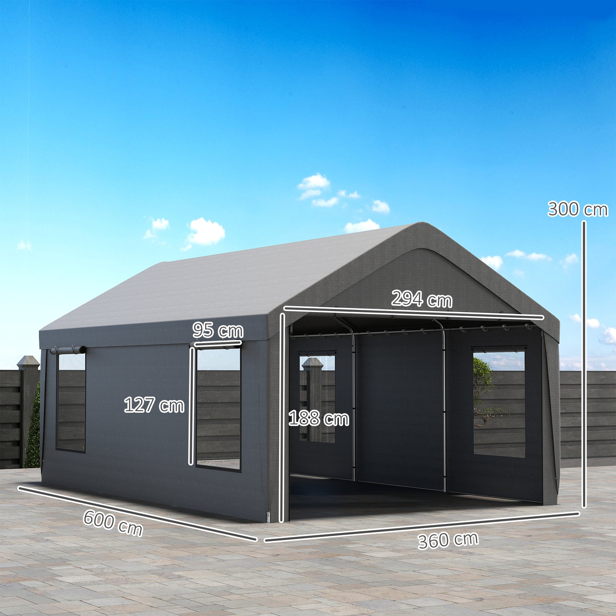 Outsunny Carpa Garaje Portátil 6x3,6 m, Garaje Exterior para Coche Impermeable, Cobertizo de Almacenamiento Anti-UV, con Paredes Laterales Desmontables y 2 Puertas con Cremallera, para Coche, Gris