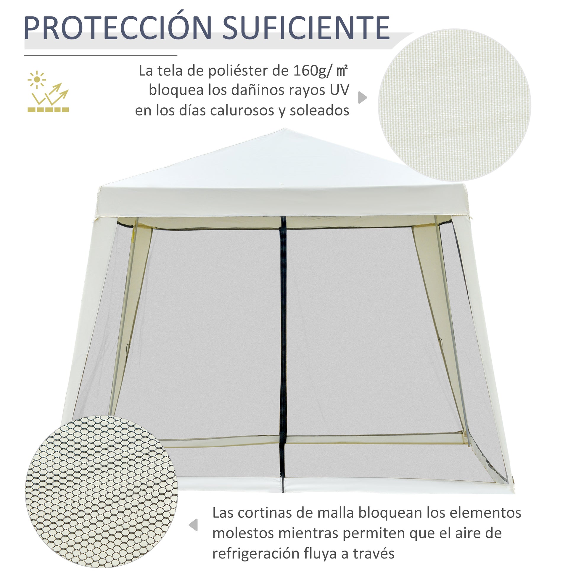 Outsunny Carpa de Jardín 3x3 m Cenador con 4 Partes Laterales Mosquitera con Cremallera Protección UV Impermeable para Patio Exterior Eventos Fiesta Beige