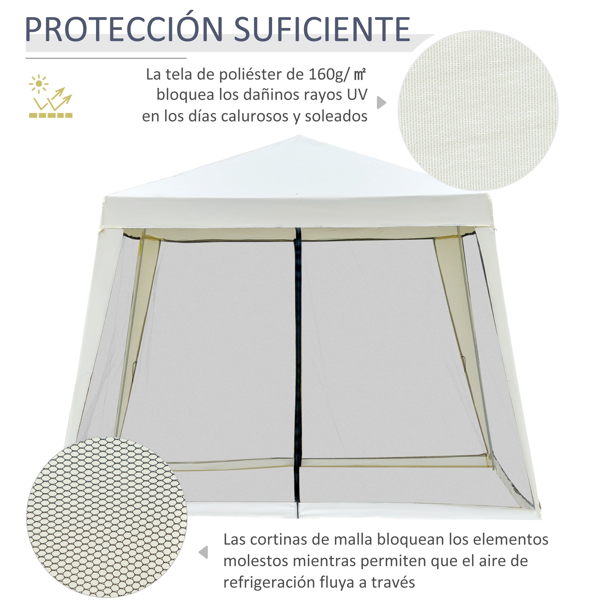 Outsunny Carpa de Jardín 3x3 m Cenador con 4 Partes Laterales Mosquitera con Cremallera Protección UV Impermeable para Patio Exterior Eventos Fiesta Beige