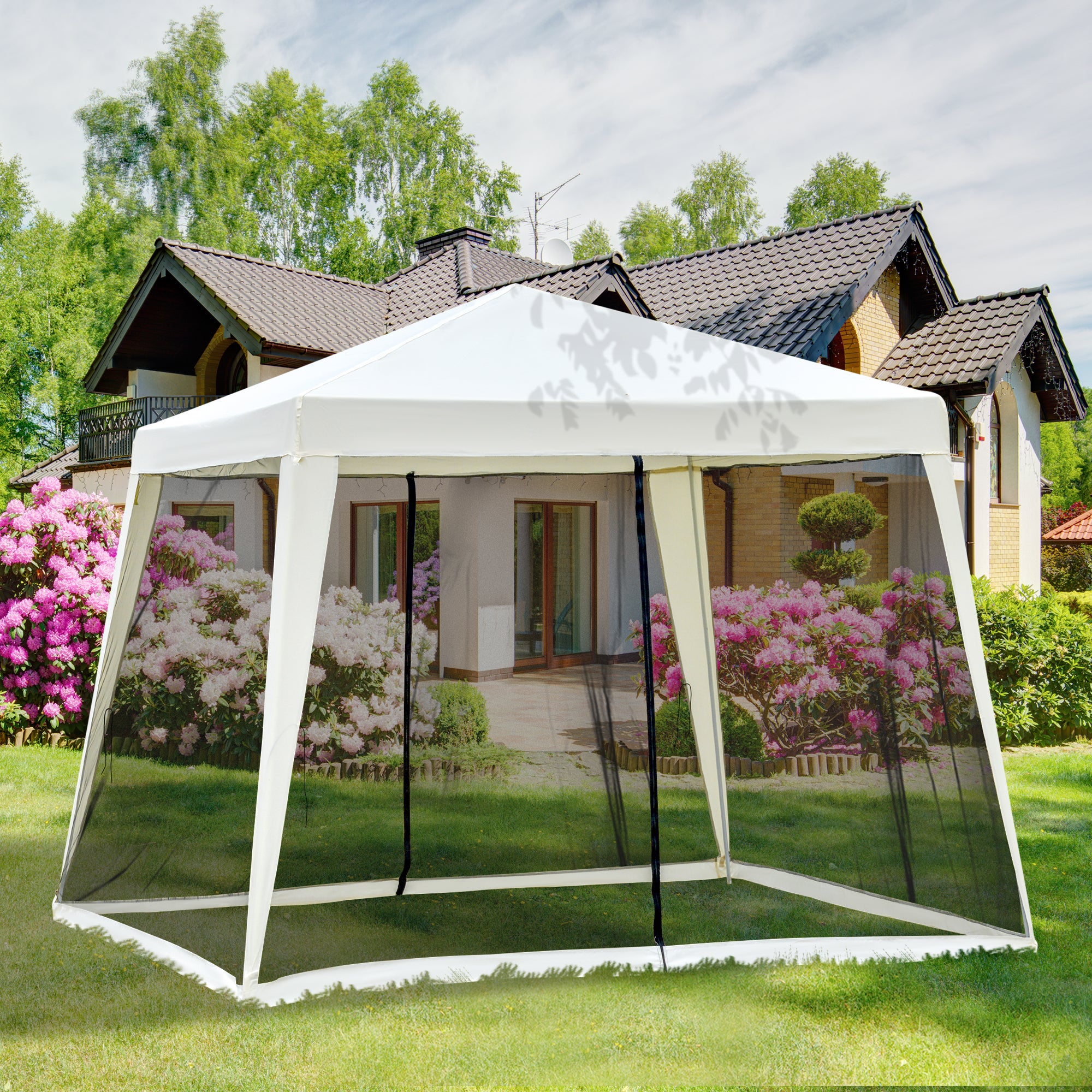 Outsunny Carpa de Jardín 3x3 m Cenador con 4 Partes Laterales Mosquitera con Cremallera Protección UV Impermeable para Patio Exterior Eventos Fiesta Beige