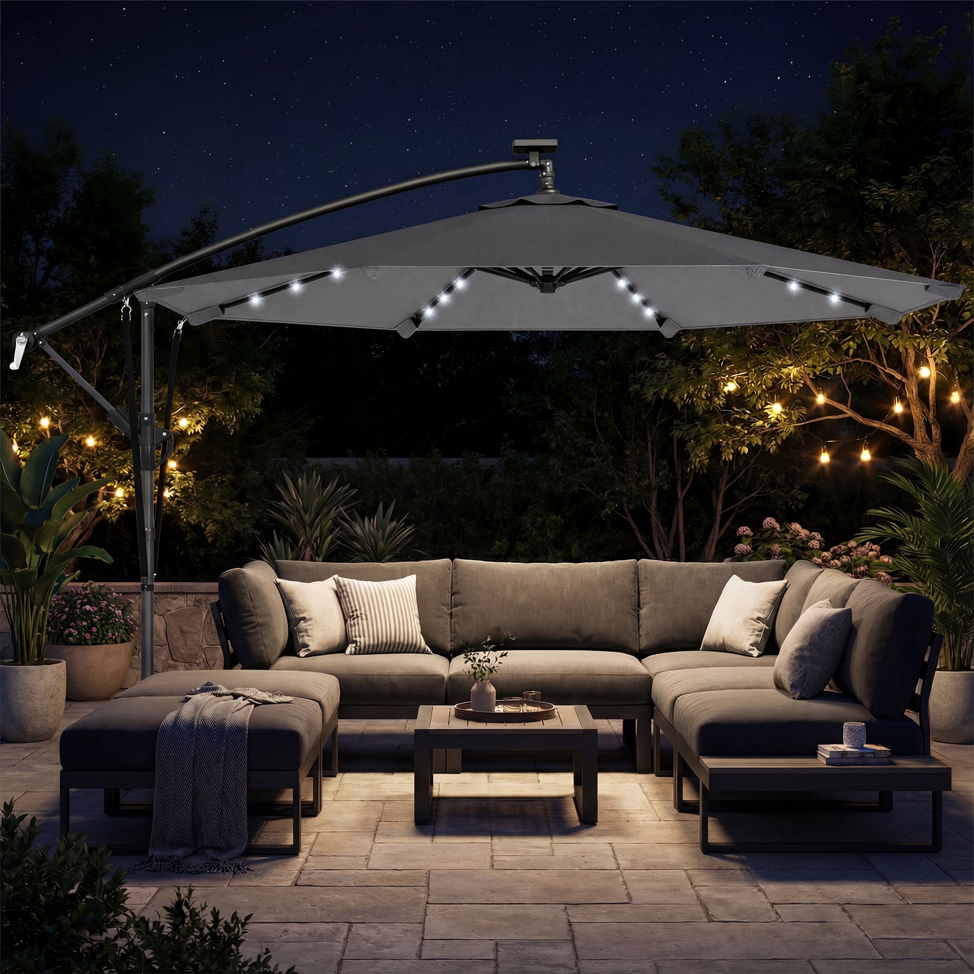 Outsunny Parasol Excéntrico con Luces LED Solares, Ø330 cm, Sombrilla de Jardín con Base Cruzada, Manivela, Funda Protectora y Cuerda de Viento, Anti-UV 50+, para Terraza, Patio, Gris Oscuro