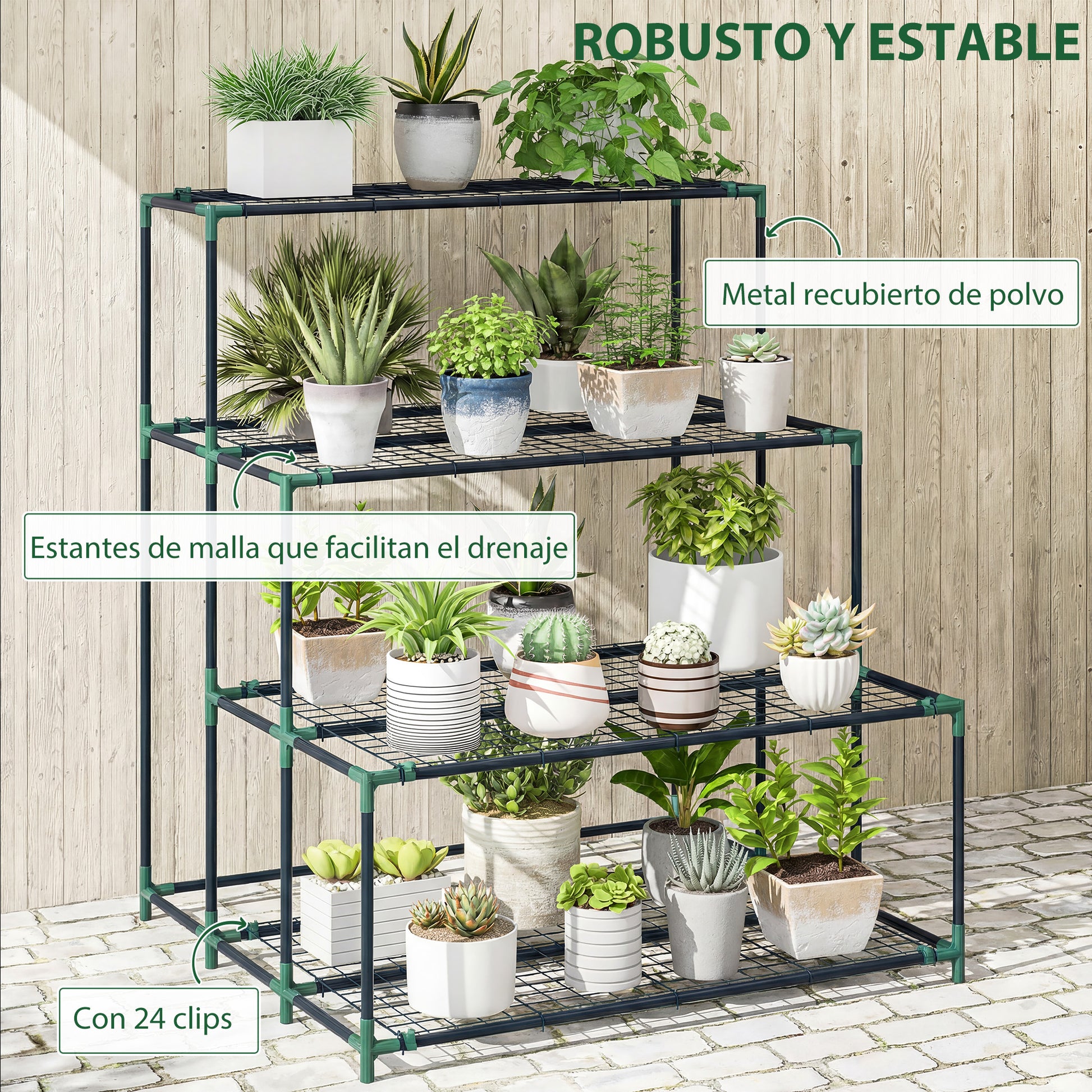 Outsunny Soporte para Plantas de 4 Niveles, Estantería para Plantas de Acero, Diseño en Escalera, Soporte para Macetas para Interior y Exterior, Jardín, Balcón y Patio, 94x84x110 cm, Verde Oscuro