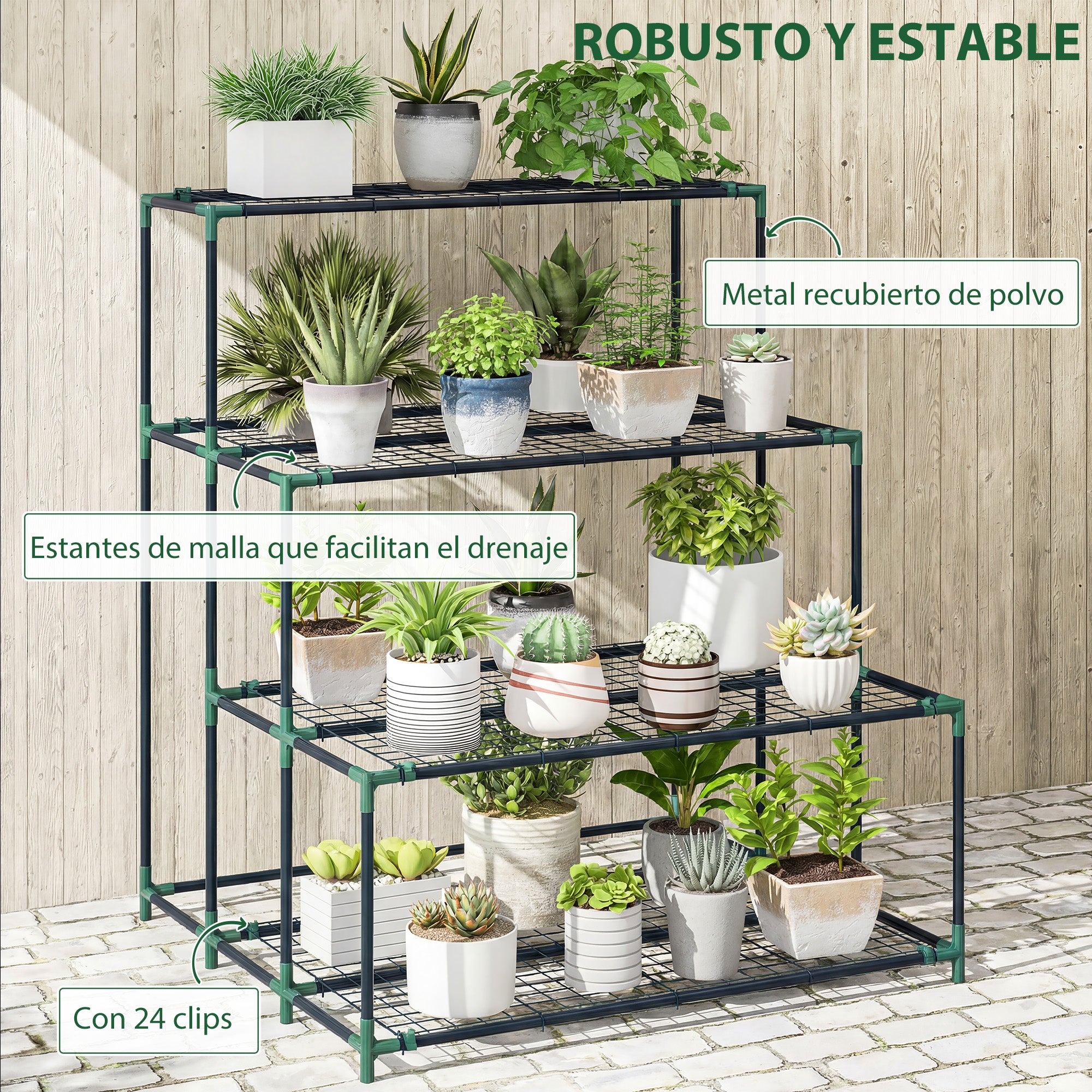 Outsunny Soporte para Plantas de 4 Niveles, Estantería para Plantas de Acero, Diseño en Escalera, Soporte para Macetas para Interior y Exterior, Jardín, Balcón y Patio, 94x84x110 cm, Verde Oscuro