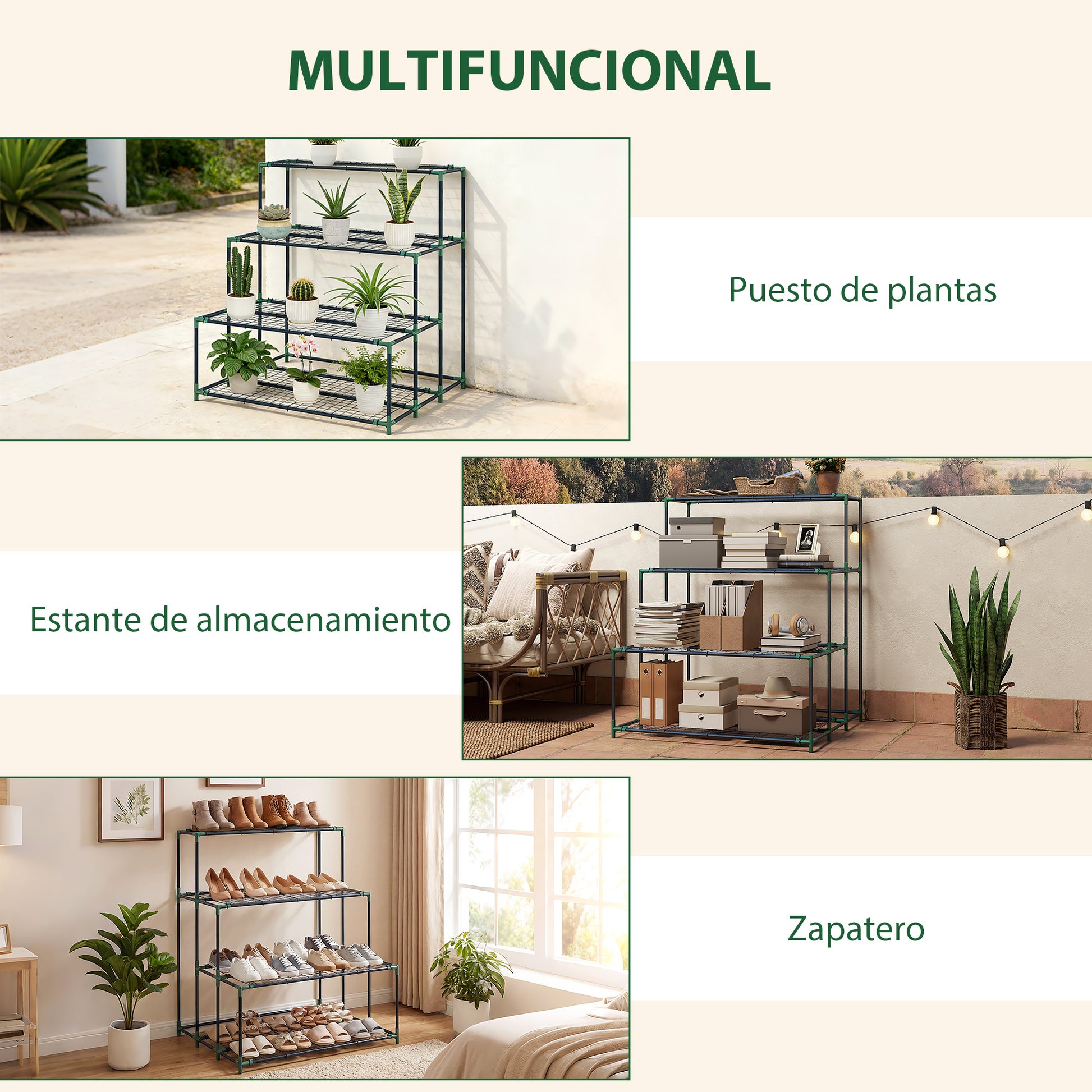Outsunny Soporte para Plantas de 4 Niveles, Estantería para Plantas de Acero, Diseño en Escalera, Soporte para Macetas para Interior y Exterior, Jardín, Balcón y Patio, 94x84x110 cm, Verde Oscuro