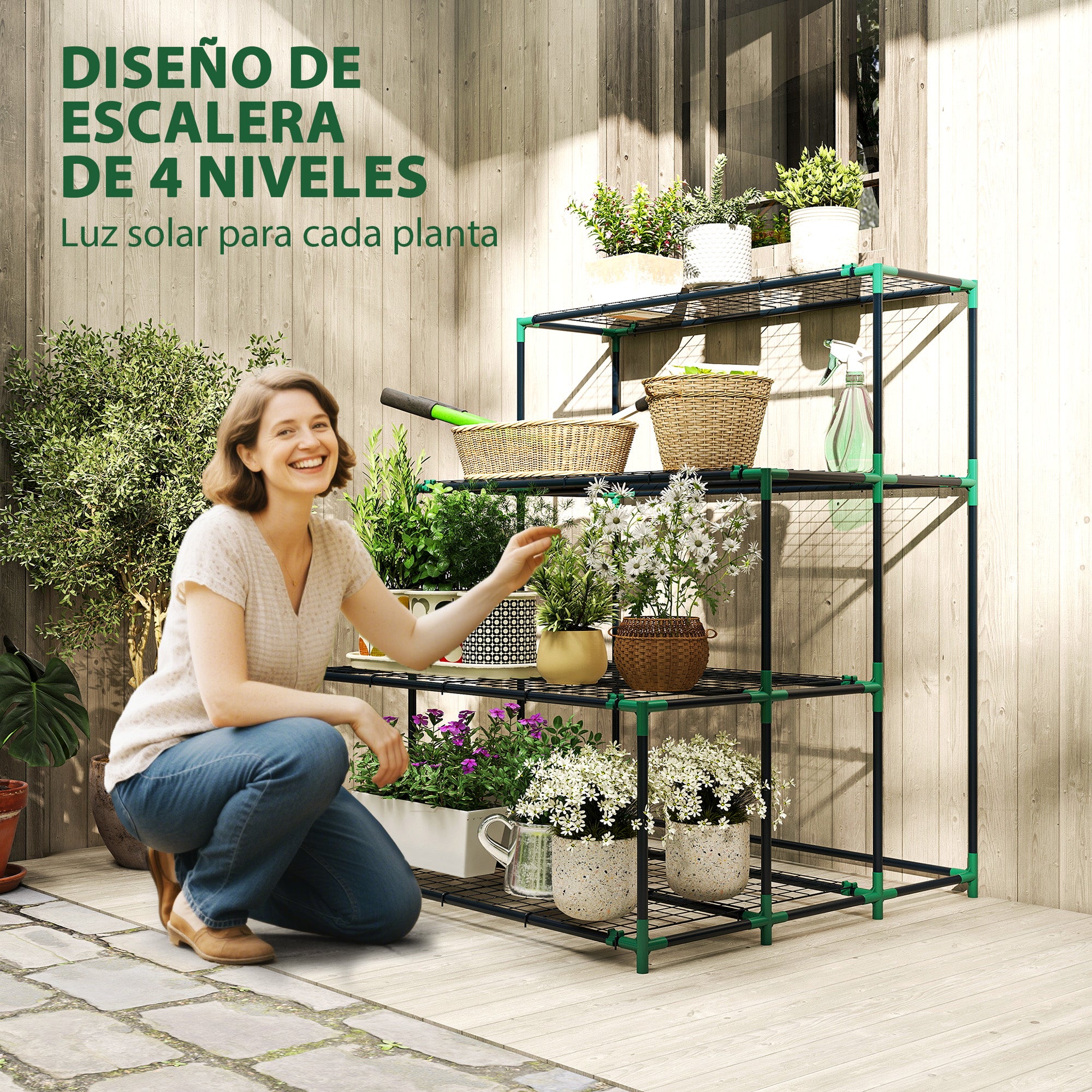 Outsunny Soporte para Plantas de 4 Niveles, Estantería para Plantas de Acero, Diseño en Escalera, Soporte para Macetas para Interior y Exterior, Jardín, Balcón y Patio, 94x84x110 cm, Verde Oscuro