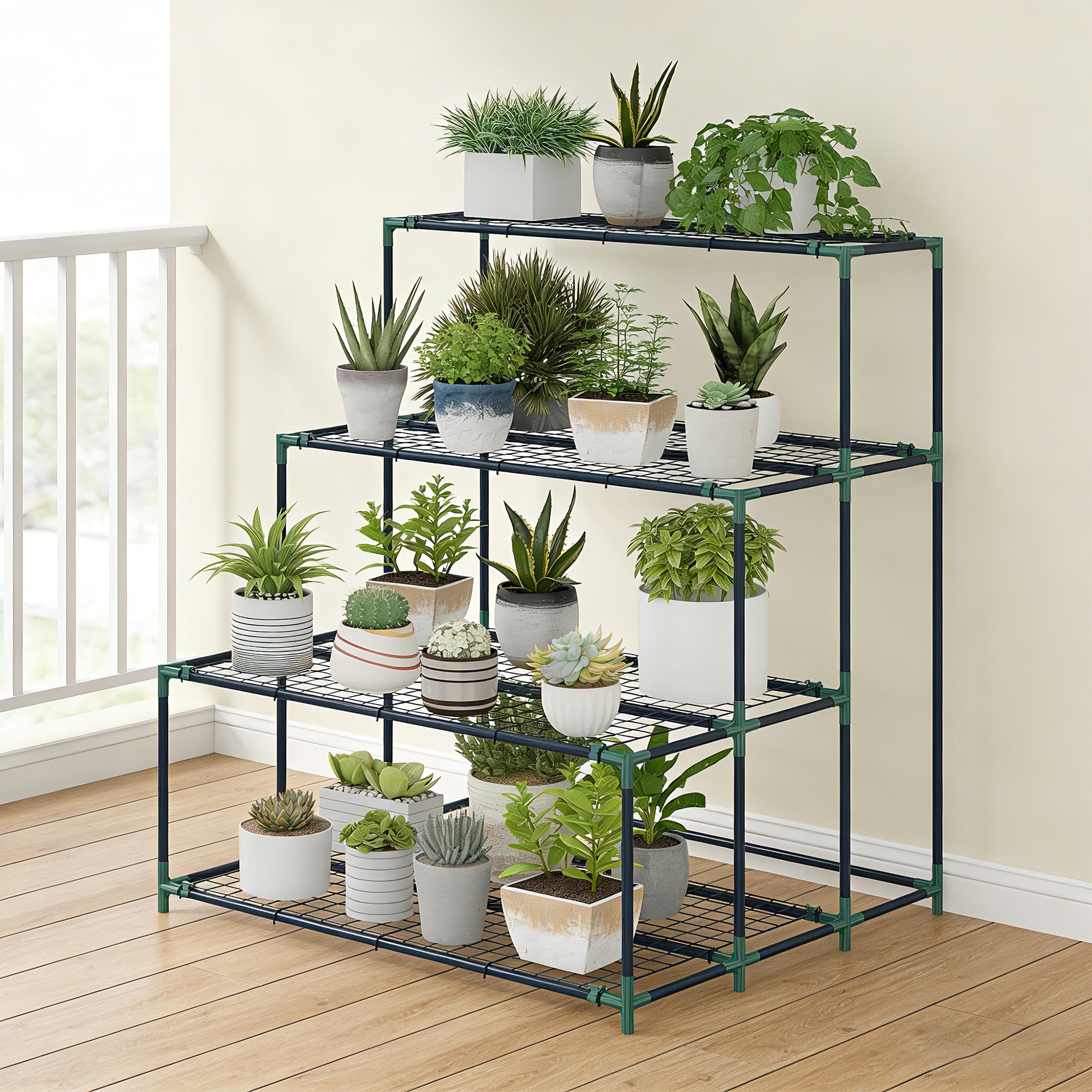 Outsunny Soporte para Plantas de 4 Niveles, Estantería para Plantas de Acero, Diseño en Escalera, Soporte para Macetas para Interior y Exterior, Jardín, Balcón y Patio, 94x84x110 cm, Verde Oscuro