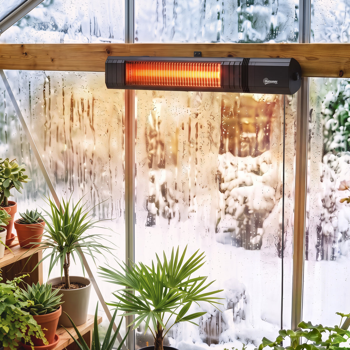 Outsunny Calefactor por Infrarrojos para Terraza 2000 W, Estufa Exterior Eléctrica Pared de Aluminio con IP65, Control por App/Táctil/Mando a Distancia, 9 Niveles de Calor, Temporizador 24 h y Funda