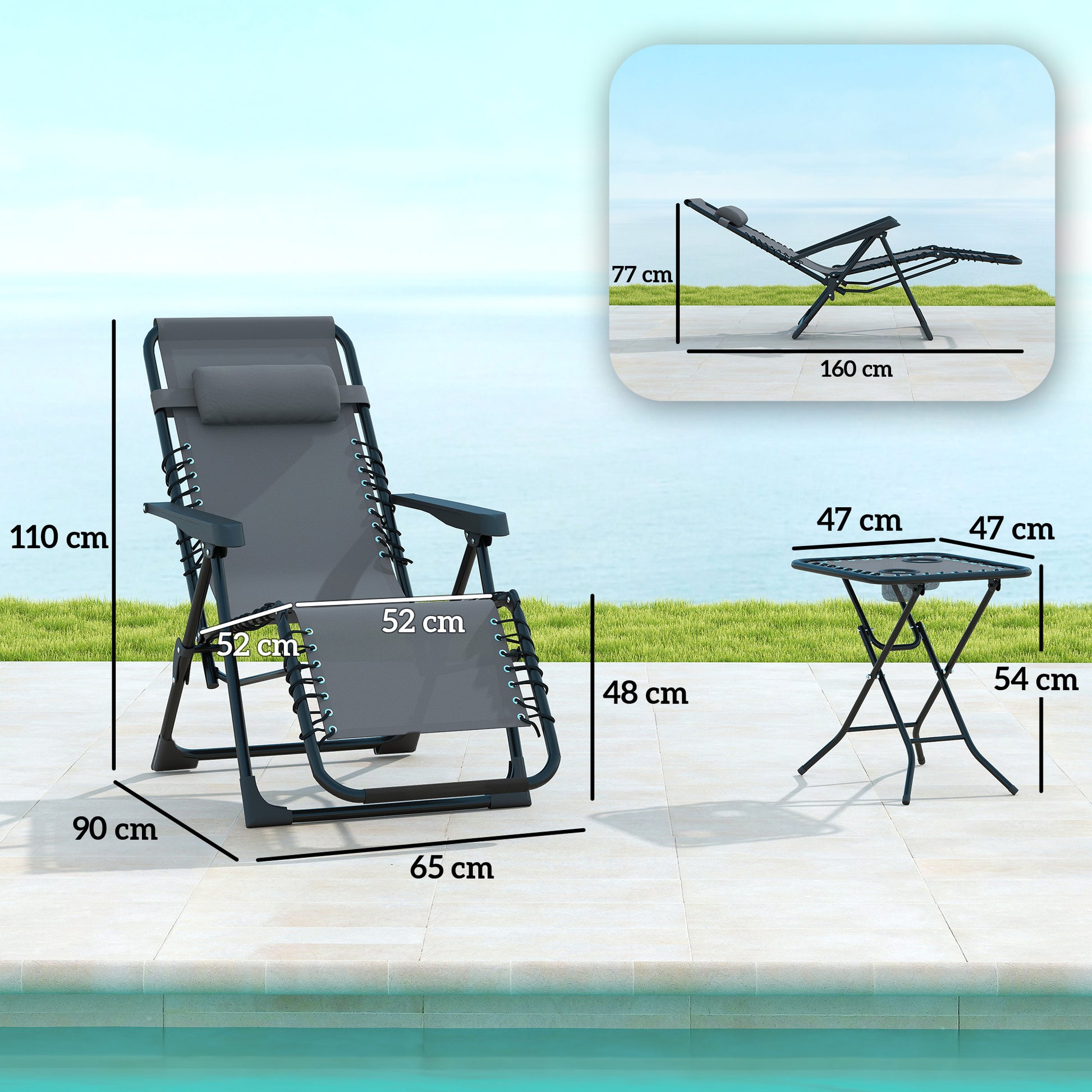 Outsunny Set de 2 Tumbonas Jardín Exterior Plegables con Mesa Auxiliar Portavasos Tumbonas de Gravedad Cero con Respaldo Ajustable Reposabrazos Extraíble para Patio Piscina Terraza Exterior Gris