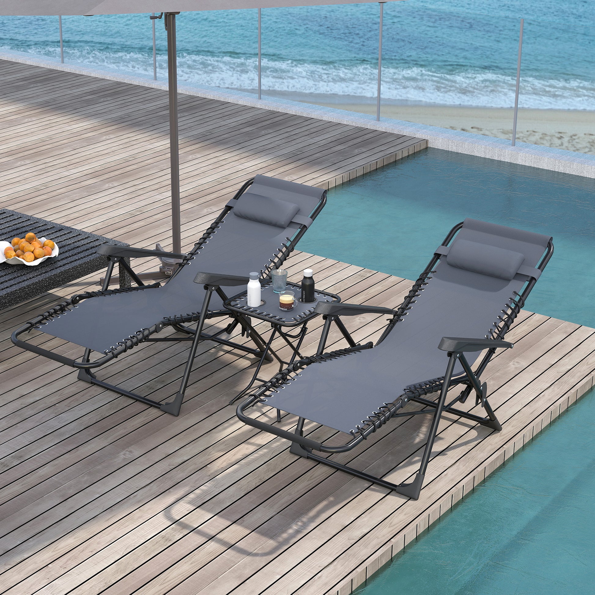Outsunny Set de 2 Tumbonas Jardín Exterior Plegables con Mesa Auxiliar Portavasos Tumbonas de Gravedad Cero con Respaldo Ajustable Reposabrazos Extraíble para Patio Piscina Terraza Exterior Gris