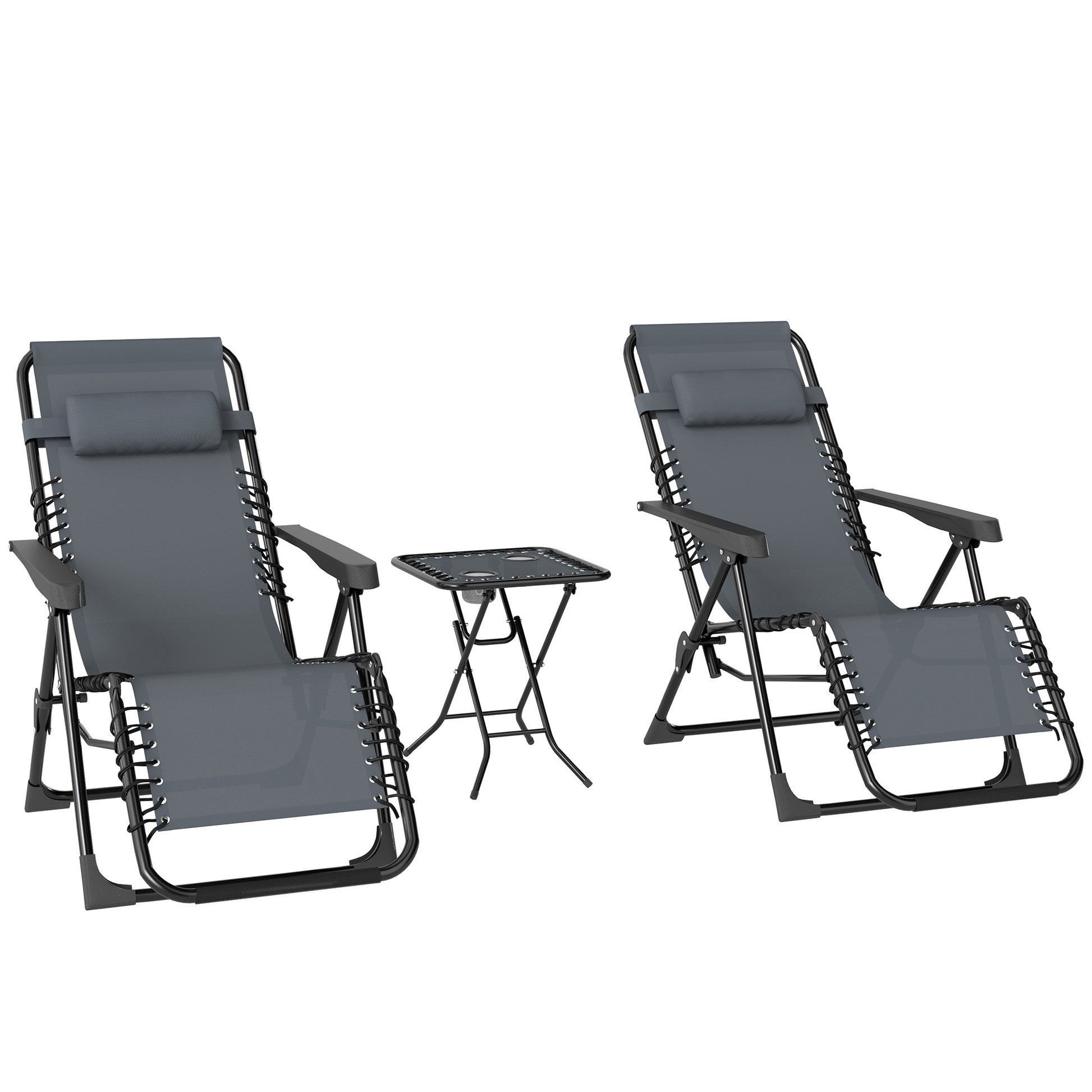 Outsunny Set de 2 Tumbonas Jardín Exterior Plegables con Mesa Auxiliar Portavasos Tumbonas de Gravedad Cero con Respaldo Ajustable Reposabrazos Extraíble para Patio Piscina Terraza Exterior Gris