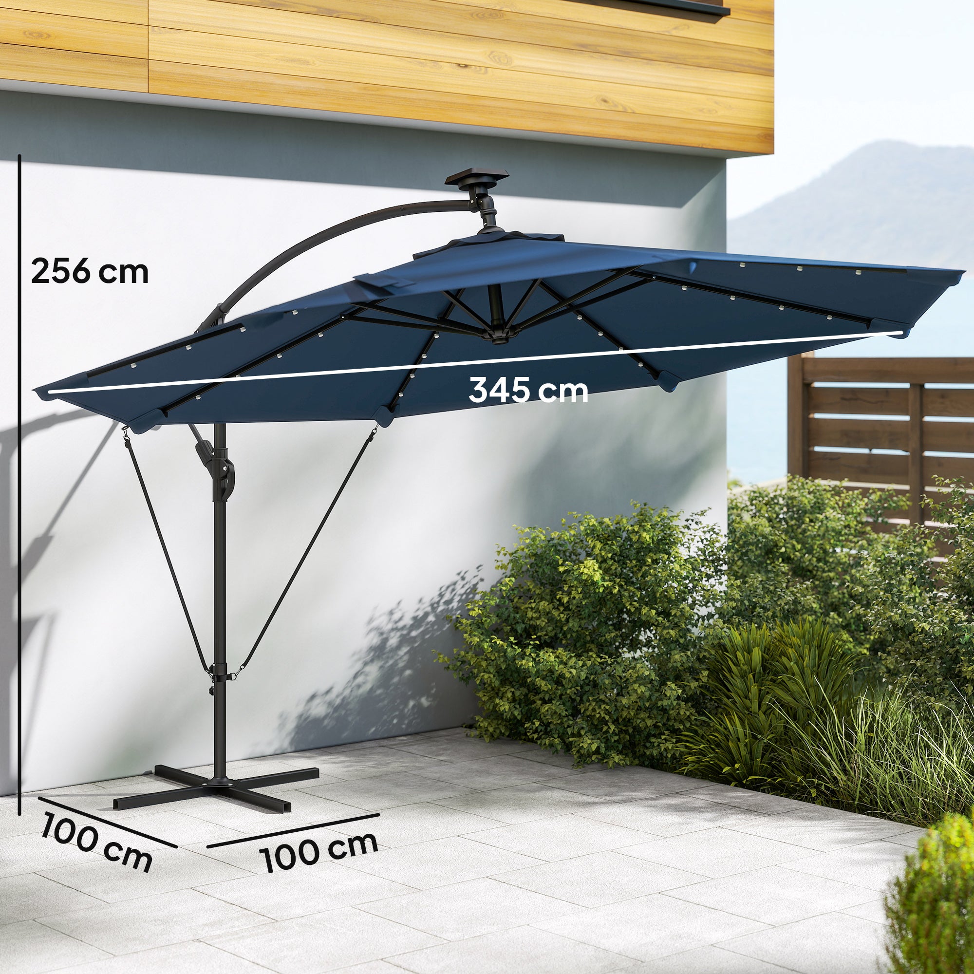 Outsunny Parasol Excéntrico con Luces LED Solares, Ø345 cm, Sombrilla de Jardín de Aluminio con Base Cruzada, Manivela, Funda Protectora, Cuerdas de Viento, UPF50+, para Terraza, Patio, Azul Marino