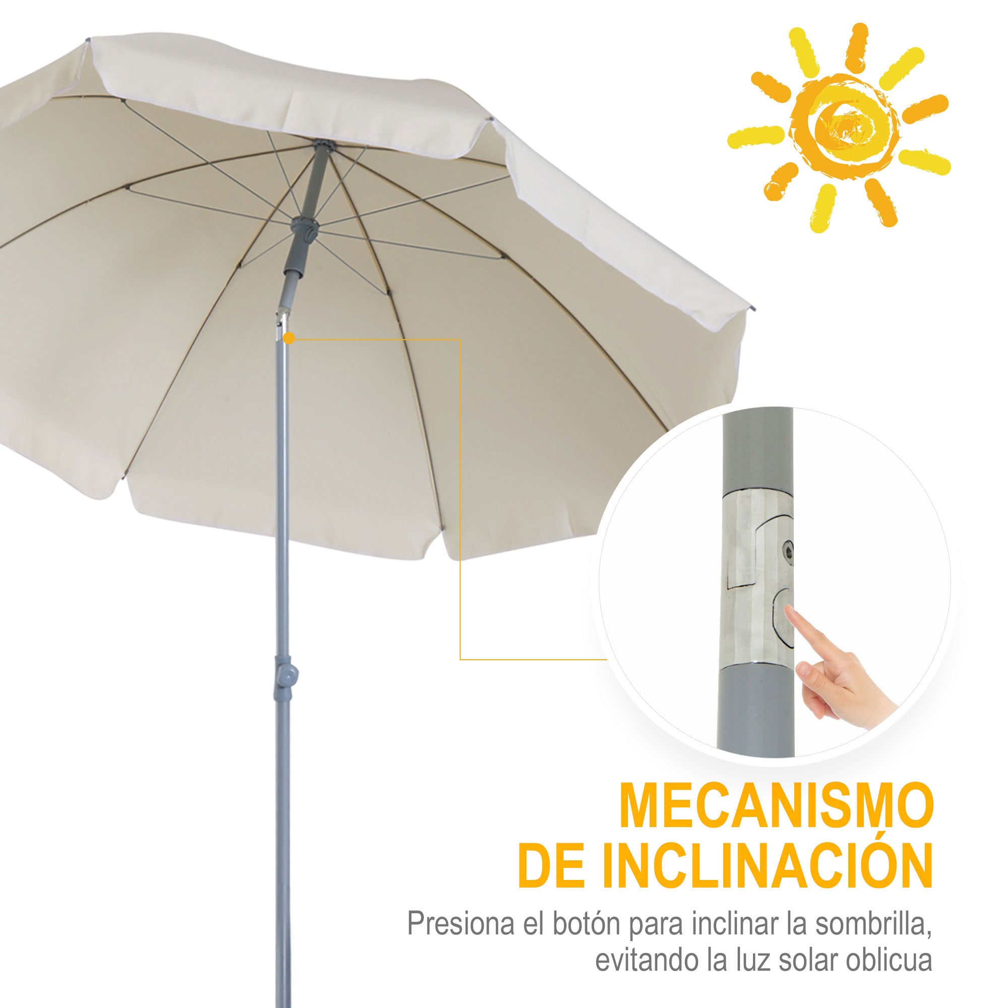 Outsunny Sombrilla de Playa Diámetro de Ø202 cm con Techo Inclinable Poste Desmontable y Pincho Inferior para Jardín Beige