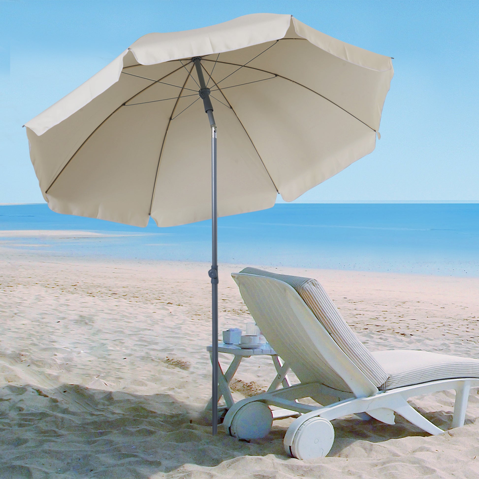 Outsunny Sombrilla de Playa Diámetro de Ø202 cm con Techo Inclinable Poste Desmontable y Pincho Inferior para Jardín Beige