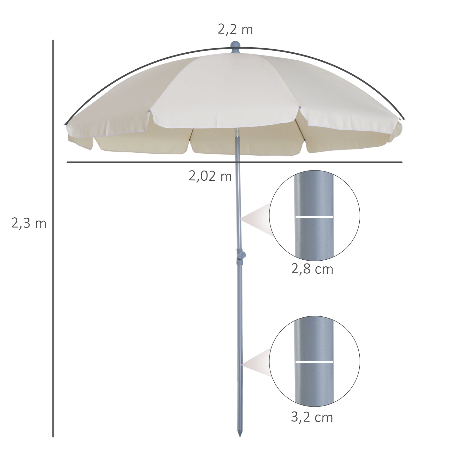 Outsunny Sombrilla de Playa Diámetro de Ø202 cm con Techo Inclinable Poste Desmontable y Pincho Inferior para Jardín Beige