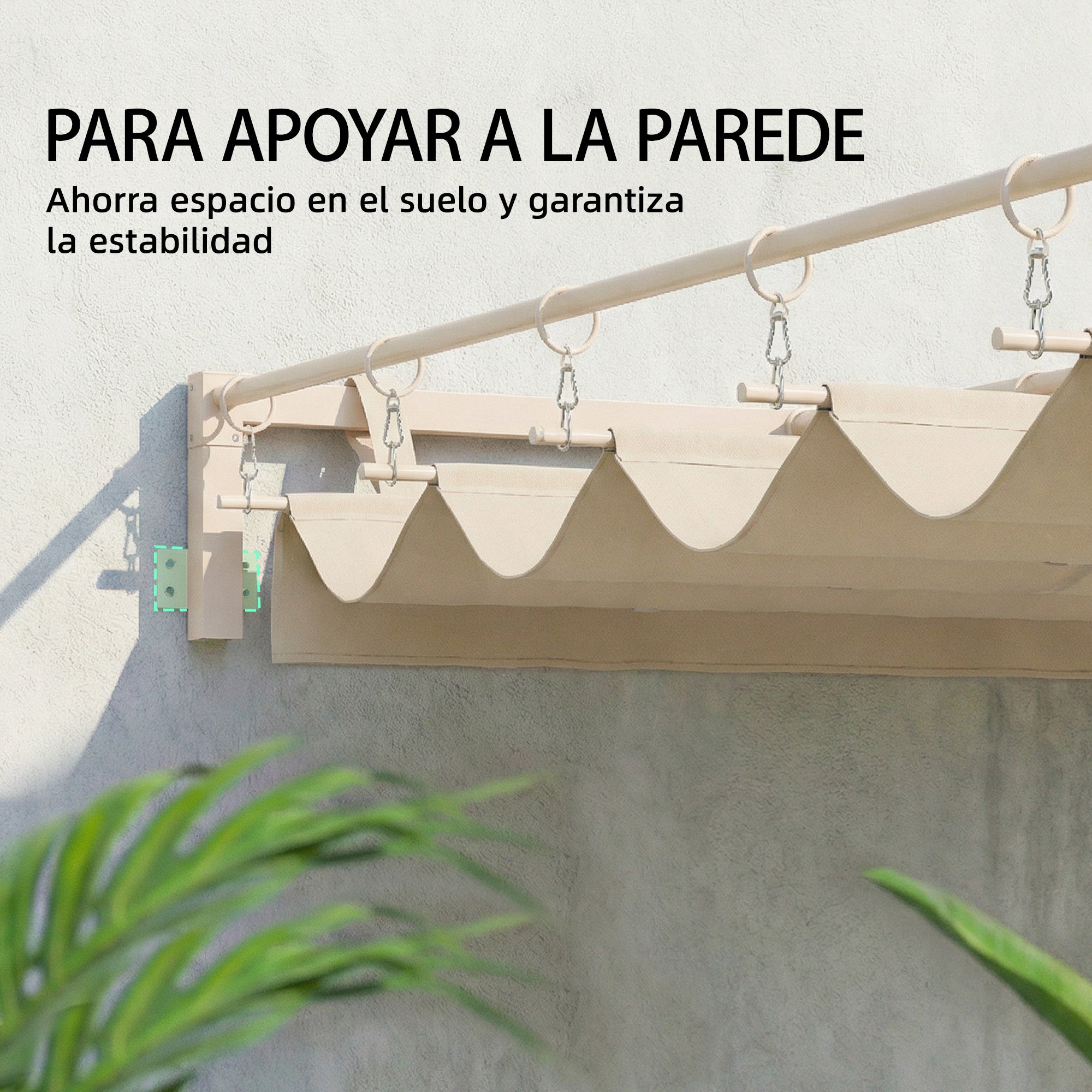 Outsunny Pérgola de Pared de Jardín 3x3 m, Cenador de Jardín con Techo Retráctil, Protección UPF30+, Orificios de Drenaje y Estructura de Acero, Pabellón para Patio, Terraza, Exterior, Beige