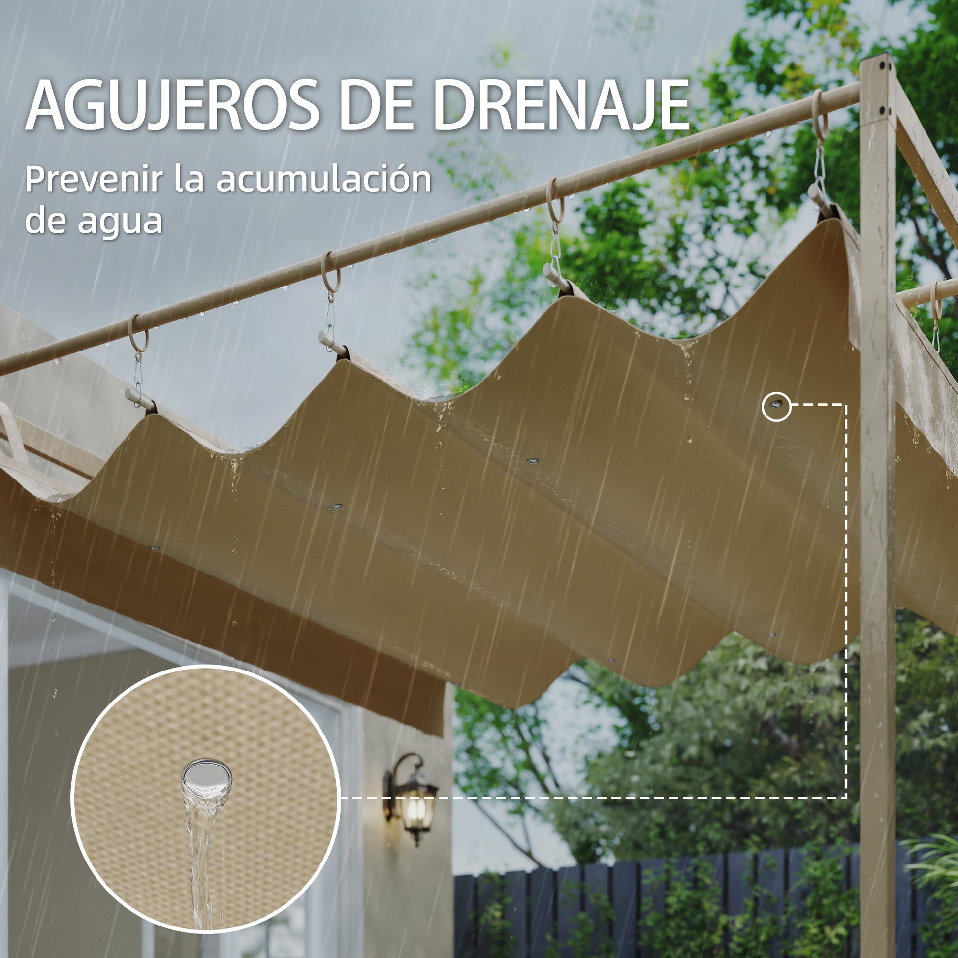 Outsunny Pérgola de Pared de Jardín 3x3 m, Cenador de Jardín con Techo Retráctil, Protección UPF30+, Orificios de Drenaje y Estructura de Acero, Pabellón para Patio, Terraza, Exterior, Beige