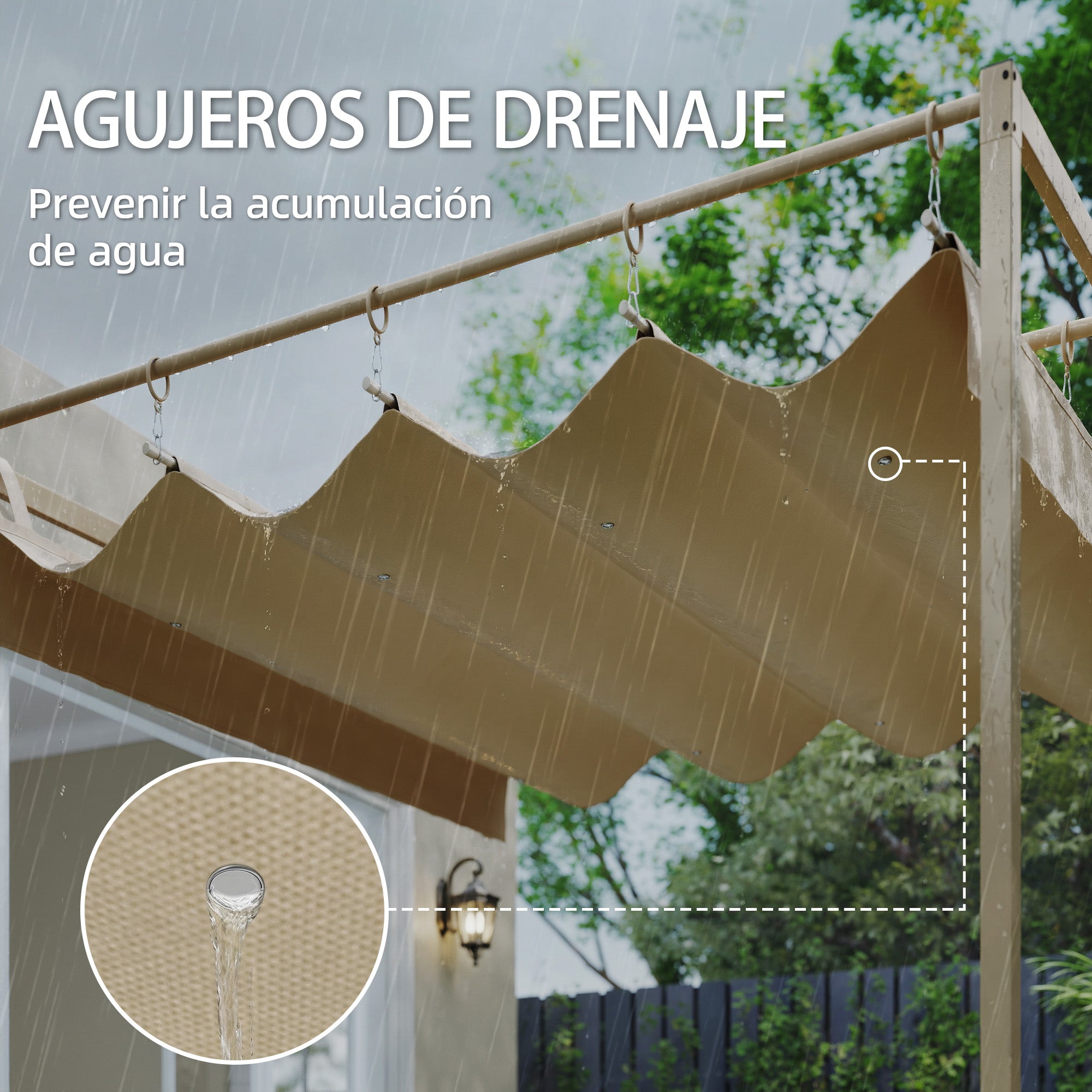 Outsunny Pérgola de Pared de Jardín 3x3 m, Cenador de Jardín con Techo Retráctil, Protección UPF30+, Orificios de Drenaje y Estructura de Acero, Pabellón para Patio, Terraza, Exterior, Beige