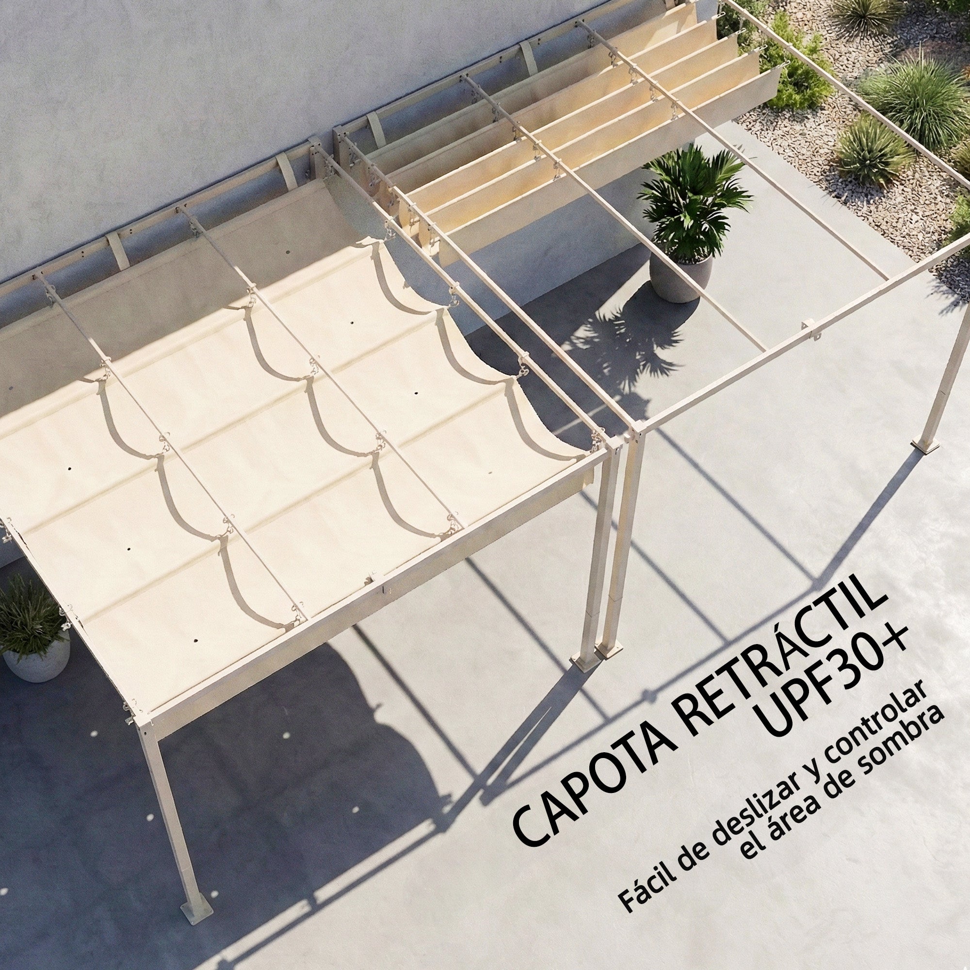 Outsunny Pérgola de Pared de Jardín 3x3 m, Cenador de Jardín con Techo Retráctil, Protección UPF30+, Orificios de Drenaje y Estructura de Acero, Pabellón para Patio, Terraza, Exterior, Beige
