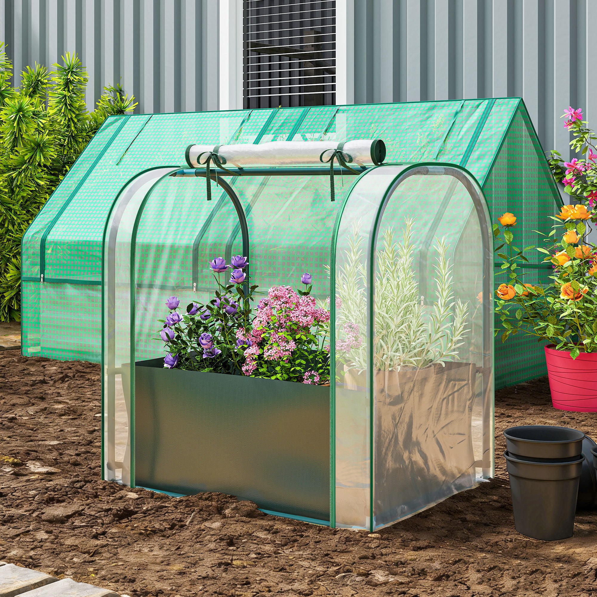 Outsunny Mini Invernadero con Bolsa para Plantar, 68x50x70 cm, Invernadero Pequeño Portátil para Interior y Exterior con Puerta Enrollable, Marco Acero, Impermeable, para Jardín, Balcón o Patio, Verde