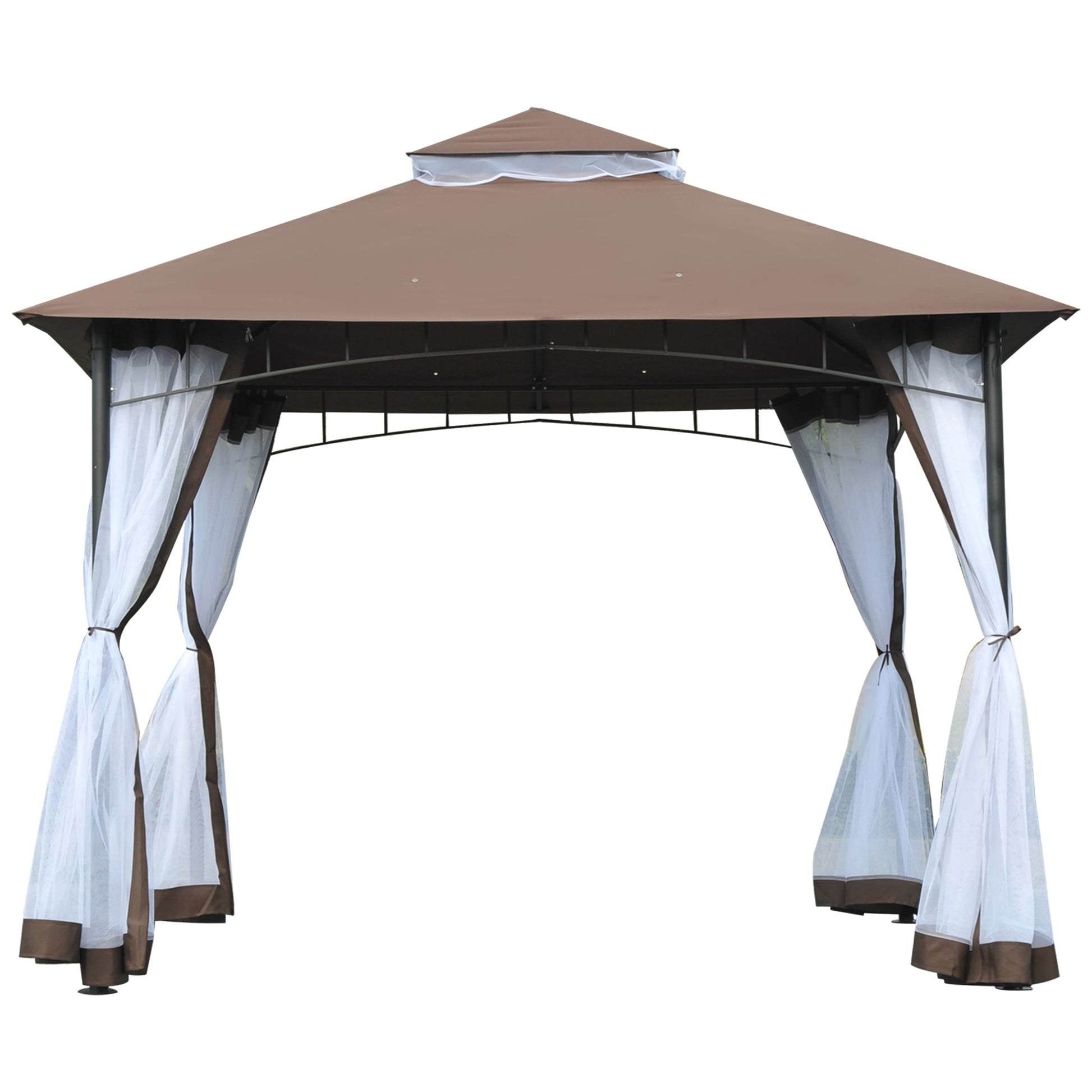 Outsunny Cenador de Jardín 3x3m Pabellón con Doble Techo y Mosquiteras Laterales con Cremallera Buena Ventilación Gazebo para Terraza Eventos Fiestas Bodas Marrón y Blanco
