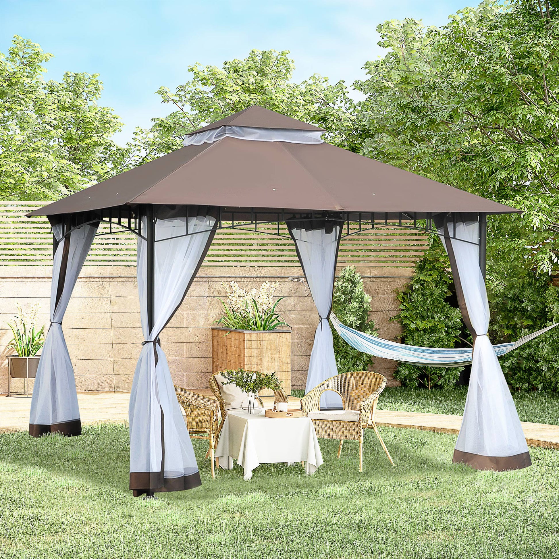 Outsunny Cenador de Jardín 3x3m Pabellón con Doble Techo y Mosquiteras Laterales con Cremallera Buena Ventilación Gazebo para Terraza Eventos Fiestas Bodas Marrón y Blanco