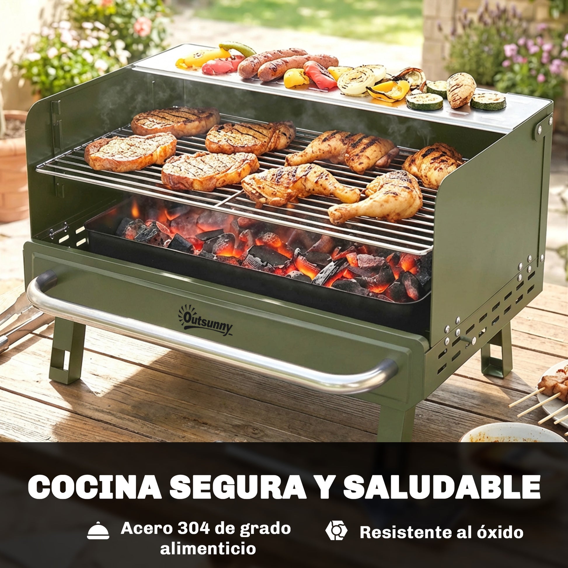 Outsunny Barbacoa de Carbón Plegable, Barbacoa Portátil, 52x37x31,8 cm, con Rejilla Ajustable, Estante Lateral Plegable y Bandeja de Carbón Extraíble, para Camping, Picnic, Fiesta en Jardín, Verde