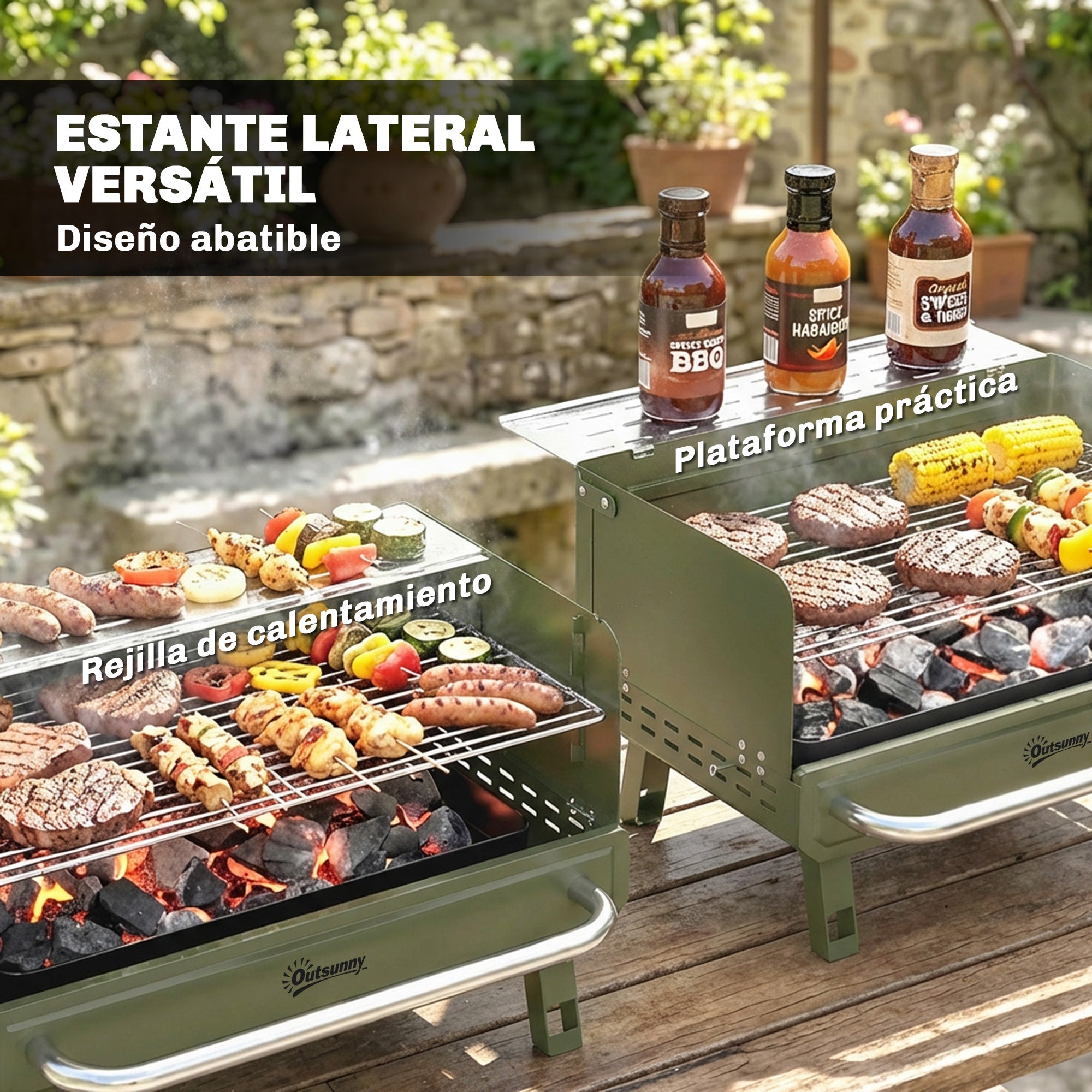 Outsunny Barbacoa de Carbón Plegable, Barbacoa Portátil, 52x37x31,8 cm, con Rejilla Ajustable, Estante Lateral Plegable y Bandeja de Carbón Extraíble, para Camping, Picnic, Fiesta en Jardín, Verde