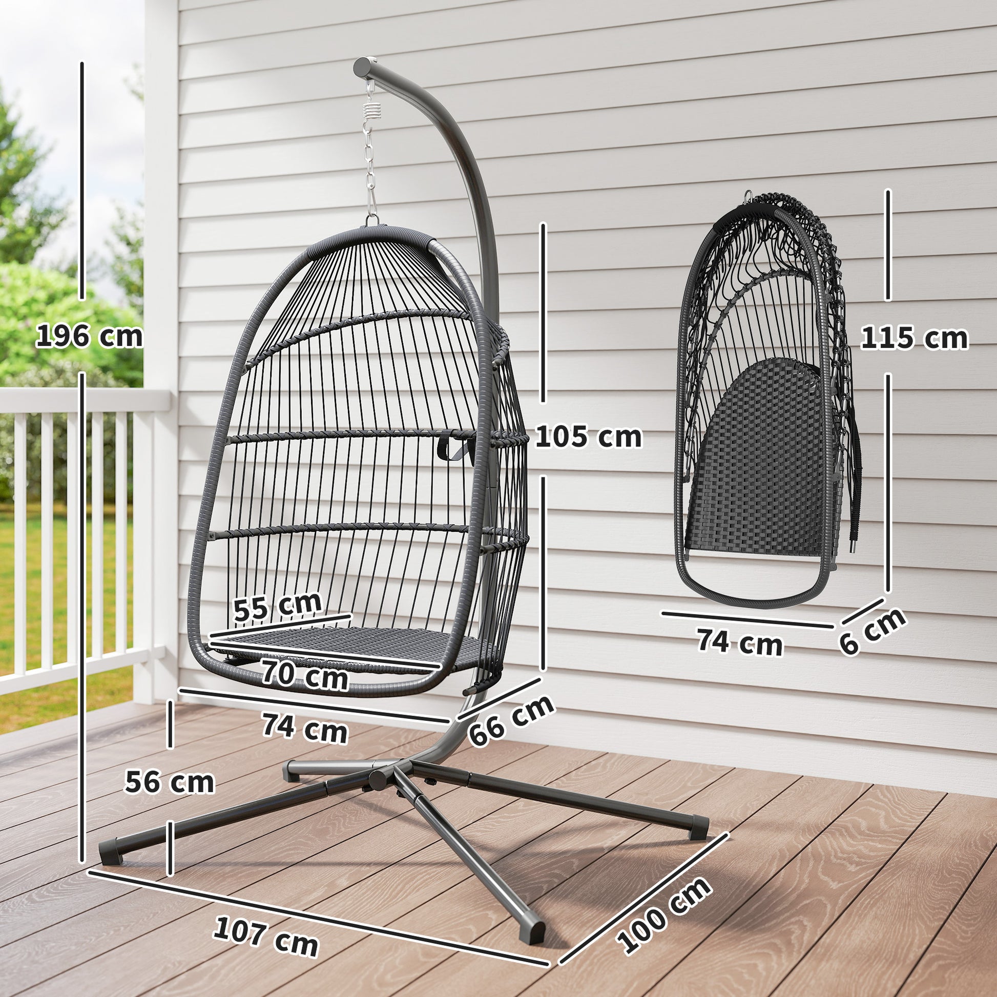 Outsunny Silla Colgante Huevo con Soporte, Columpio Jardín Exterior con Cesta Plegable, Cojín Anti-UV y Reposacabezas Desmontable para Interior y Exterior, Carga 150 kg, Gris Oscuro