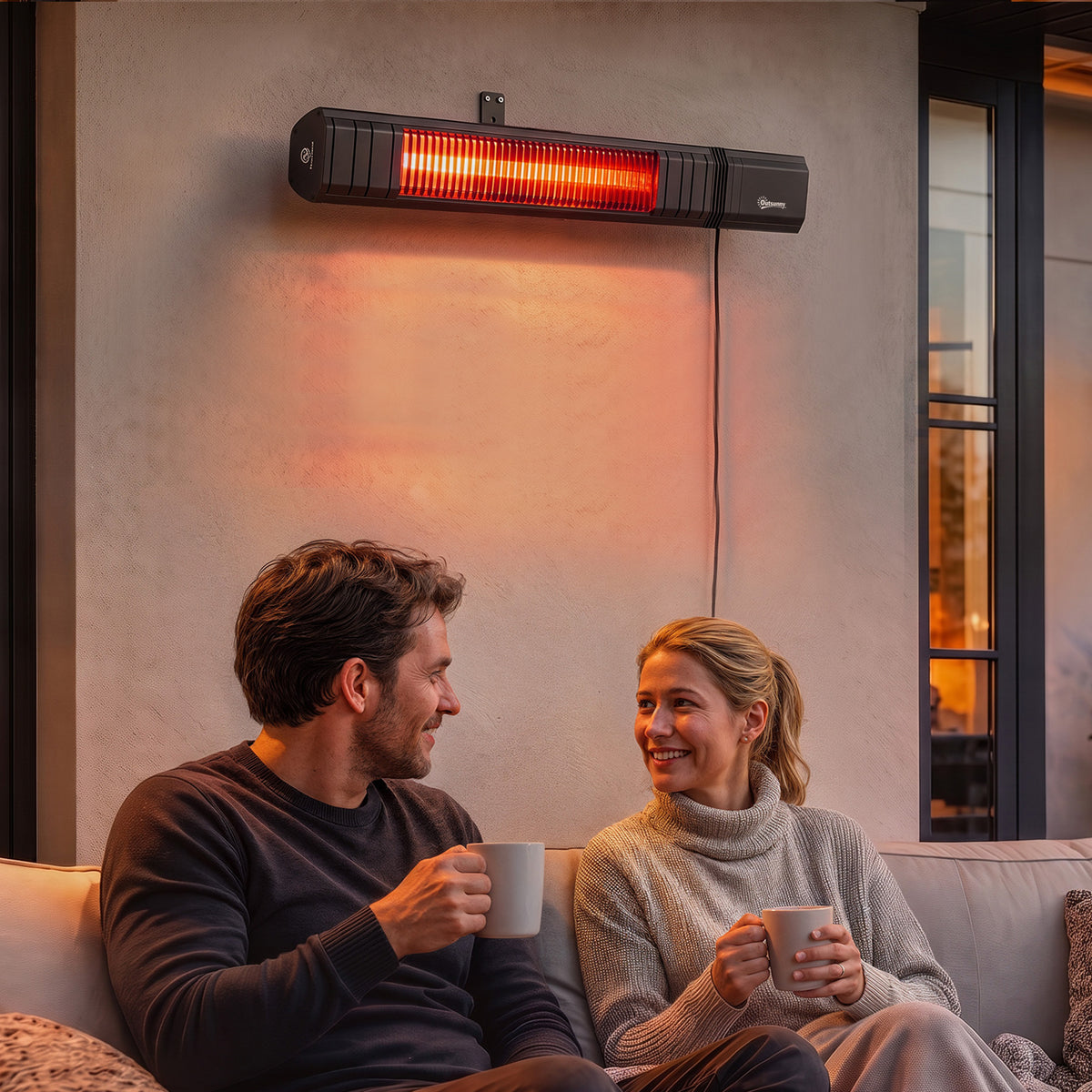 Outsunny Calefactor por Infrarrojos para Terraza 2000 W, Estufa Exterior Eléctrica Pared de Aluminio con IP65, Control por App/Táctil/Mando a Distancia, 9 Niveles de Calor, Temporizador 24 h y Funda