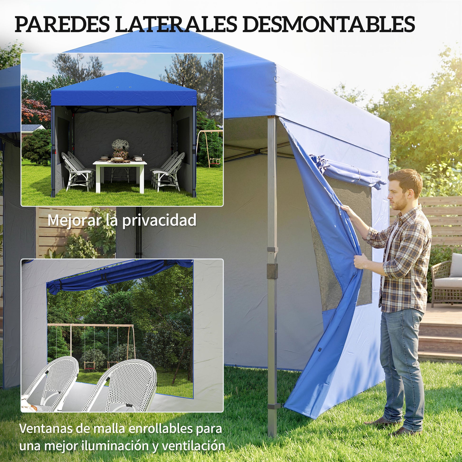 Outsunny Carpa Plegable 3x3 m, Pop-up, Cenador Pabellón de Jardín con 3 Paredes Laterales, 2 Ventanas Malla, UPF50+, Altura Ajustable 3 Niveles, Bolsa Transporte, Sacos Arena, Gazebo Exterior, Azul