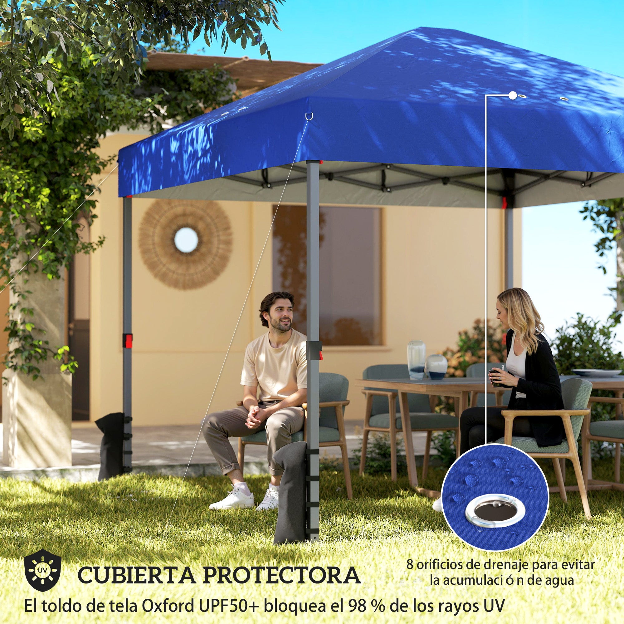 Outsunny Carpa Plegable 3x3 m, Pop-up, Cenador Pabellón de Jardín con 3 Paredes Laterales, 2 Ventanas Malla, UPF50+, Altura Ajustable 3 Niveles, Bolsa Transporte, Sacos Arena, Gazebo Exterior, Azul