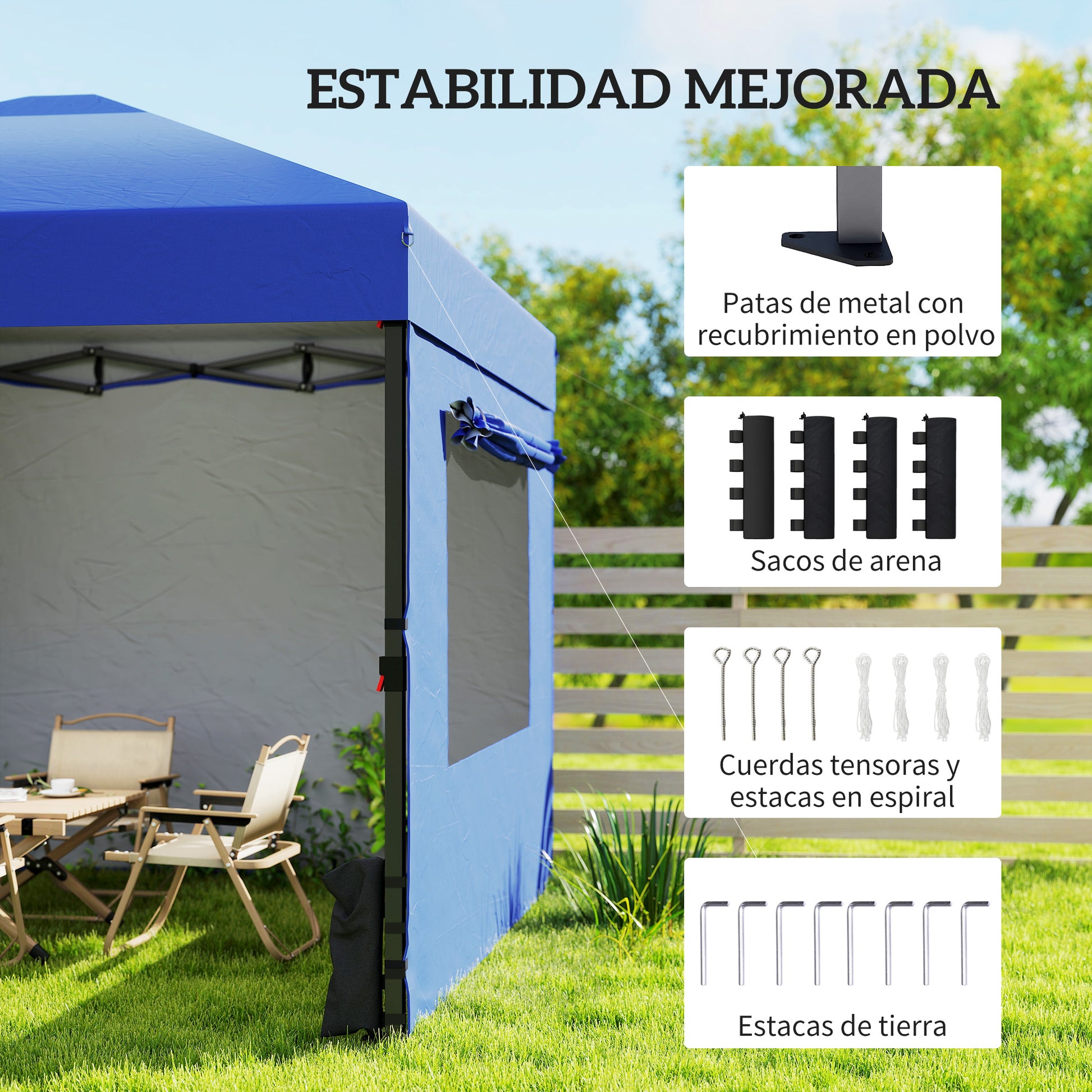 Outsunny Carpa Plegable 3x3 m, Pop-up, Cenador Pabellón de Jardín con 3 Paredes Laterales, 2 Ventanas Malla, UPF50+, Altura Ajustable 3 Niveles, Bolsa Transporte, Sacos Arena, Gazebo Exterior, Azul