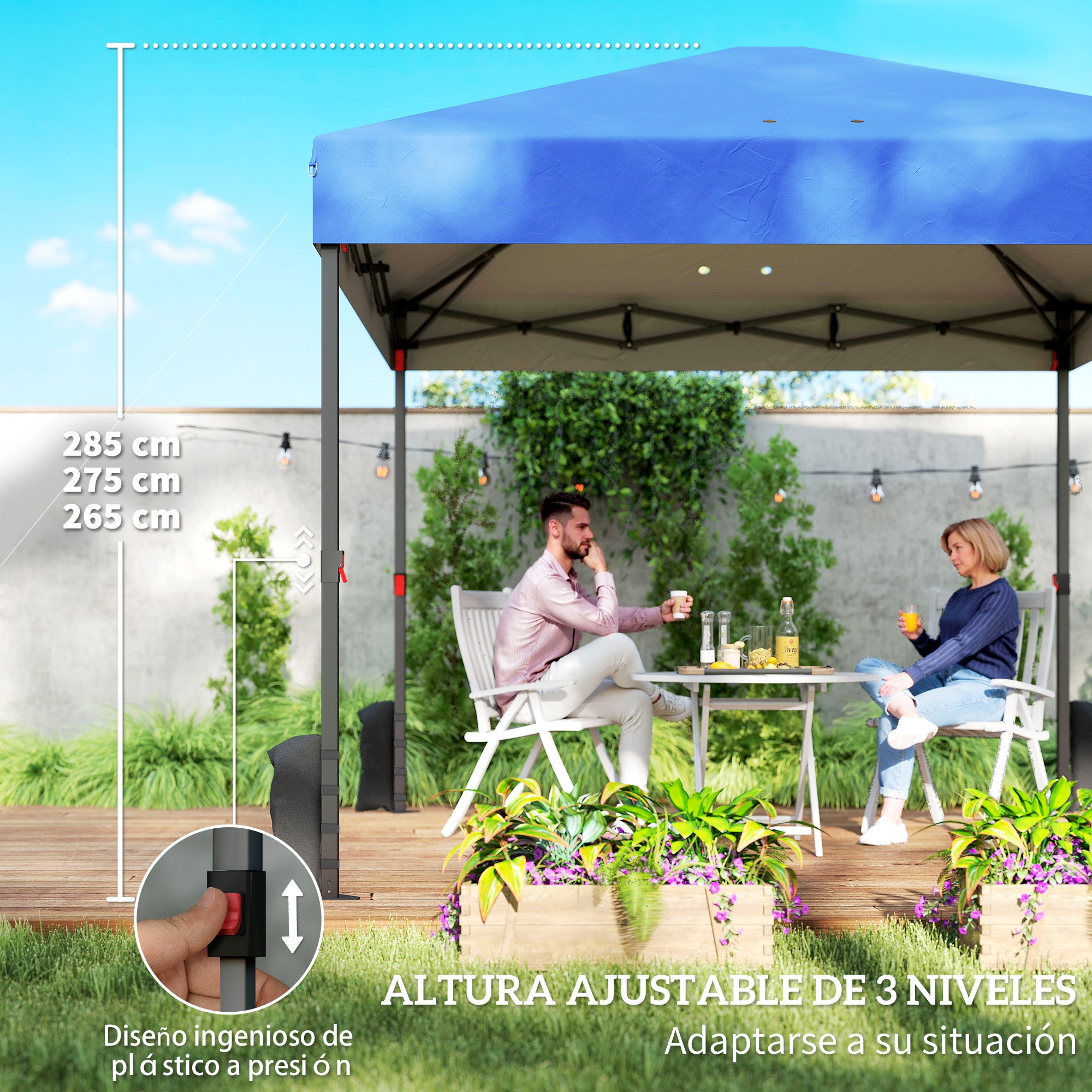 Outsunny Carpa Plegable 3x3 m, Pop-up, Cenador Pabellón de Jardín con 3 Paredes Laterales, 2 Ventanas Malla, UPF50+, Altura Ajustable 3 Niveles, Bolsa Transporte, Sacos Arena, Gazebo Exterior, Azul