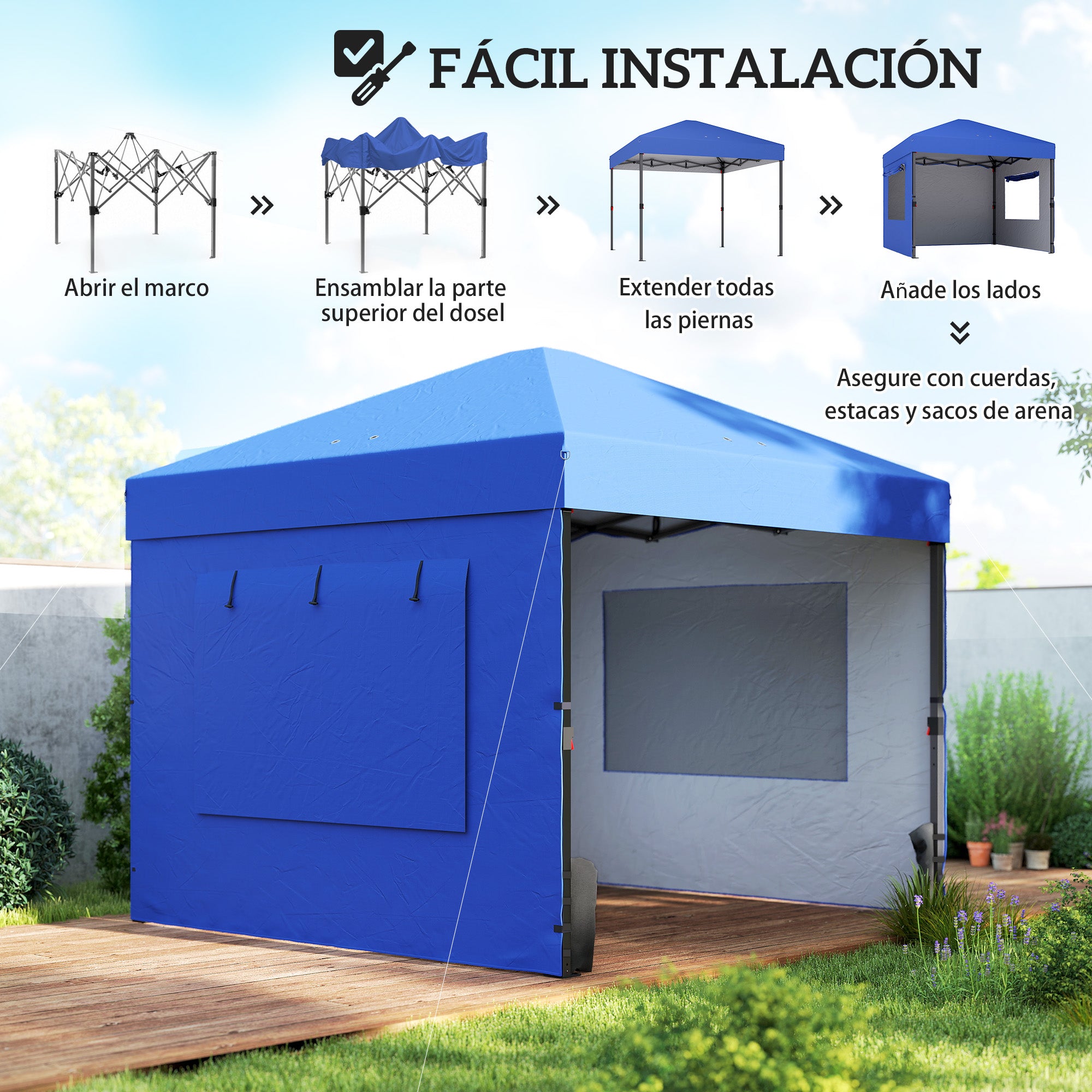 Outsunny Carpa Plegable 3x3 m, Pop-up, Cenador Pabellón de Jardín con 3 Paredes Laterales, 2 Ventanas Malla, UPF50+, Altura Ajustable 3 Niveles, Bolsa Transporte, Sacos Arena, Gazebo Exterior, Azul