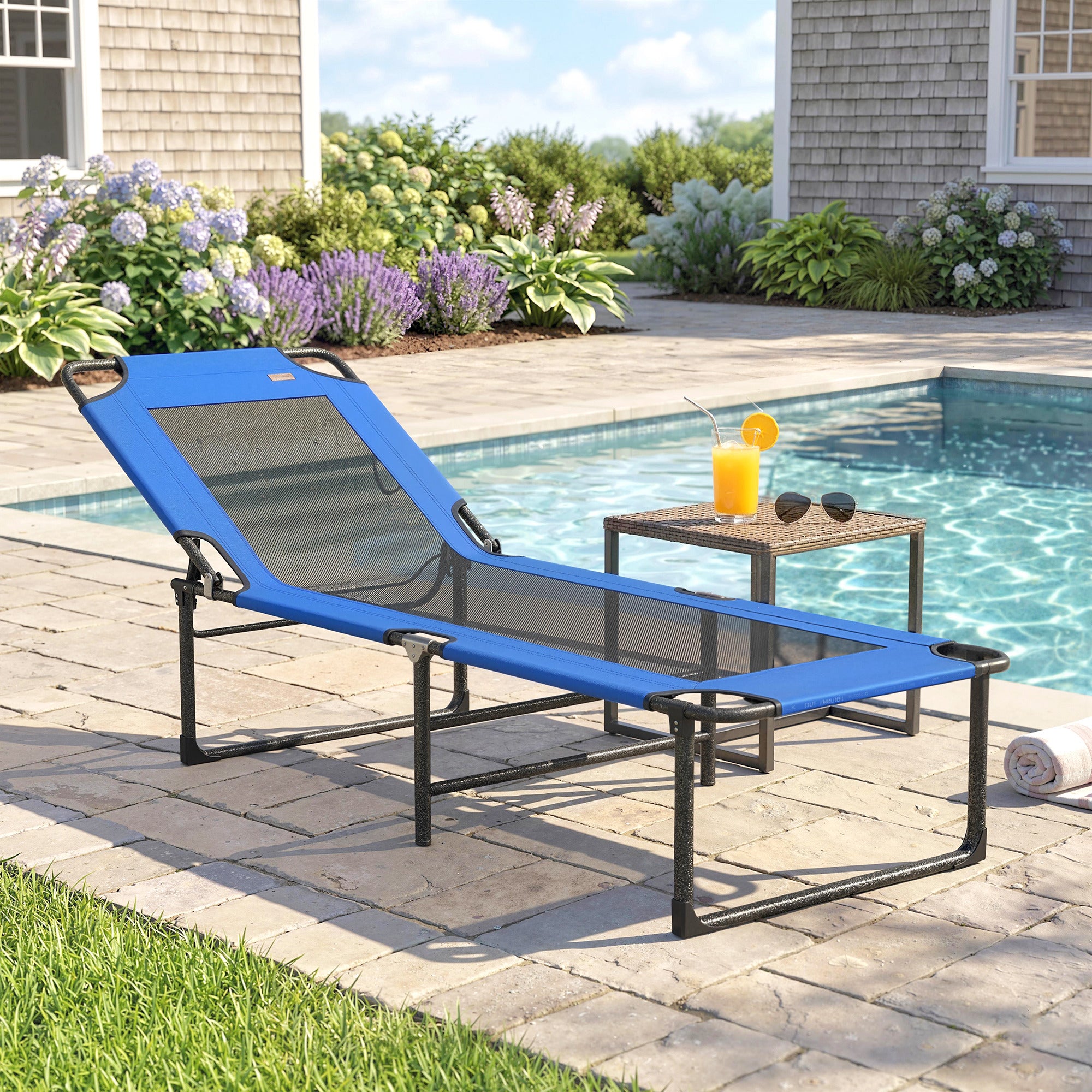 Outsunny Tumbona Plegable, Tumbona Jardín Exterior con Respaldo Ajustable en 4 Posiciones, Asas de Transporte y Respaldo de Textilene, Carga 120 kg, para Terraza, Piscina, Playa, 175x58x68 cm, Azul