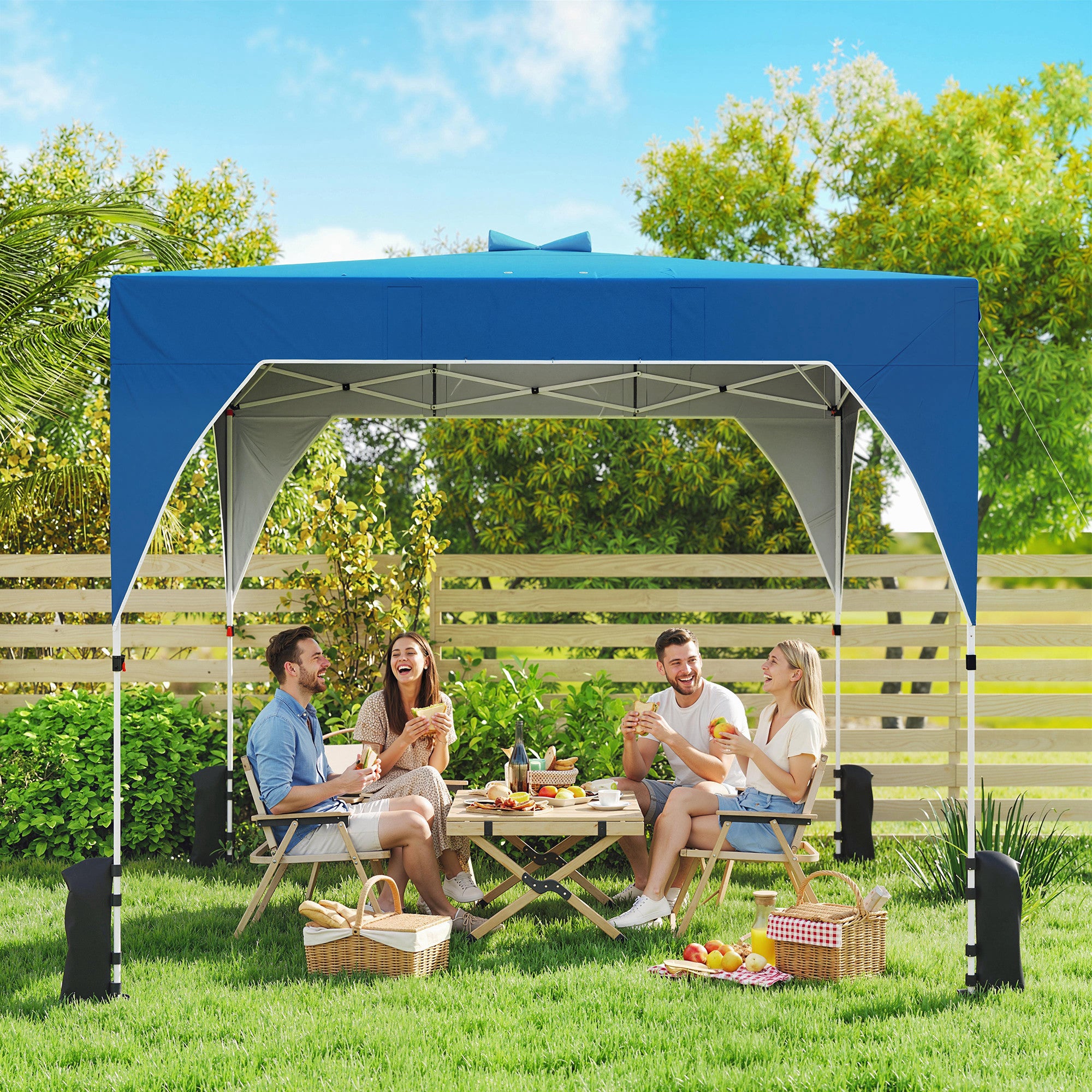 Outsunny Carpa Plegable 3x3 m, Pop-up, Cenador Pabellón de Jardín con Ventilación Superior, Bloqueo Central, UPF50+, Altura Ajustable 3 Niveles, Bolsa Transporte con Ruedas, Sacos de Arena, Azul