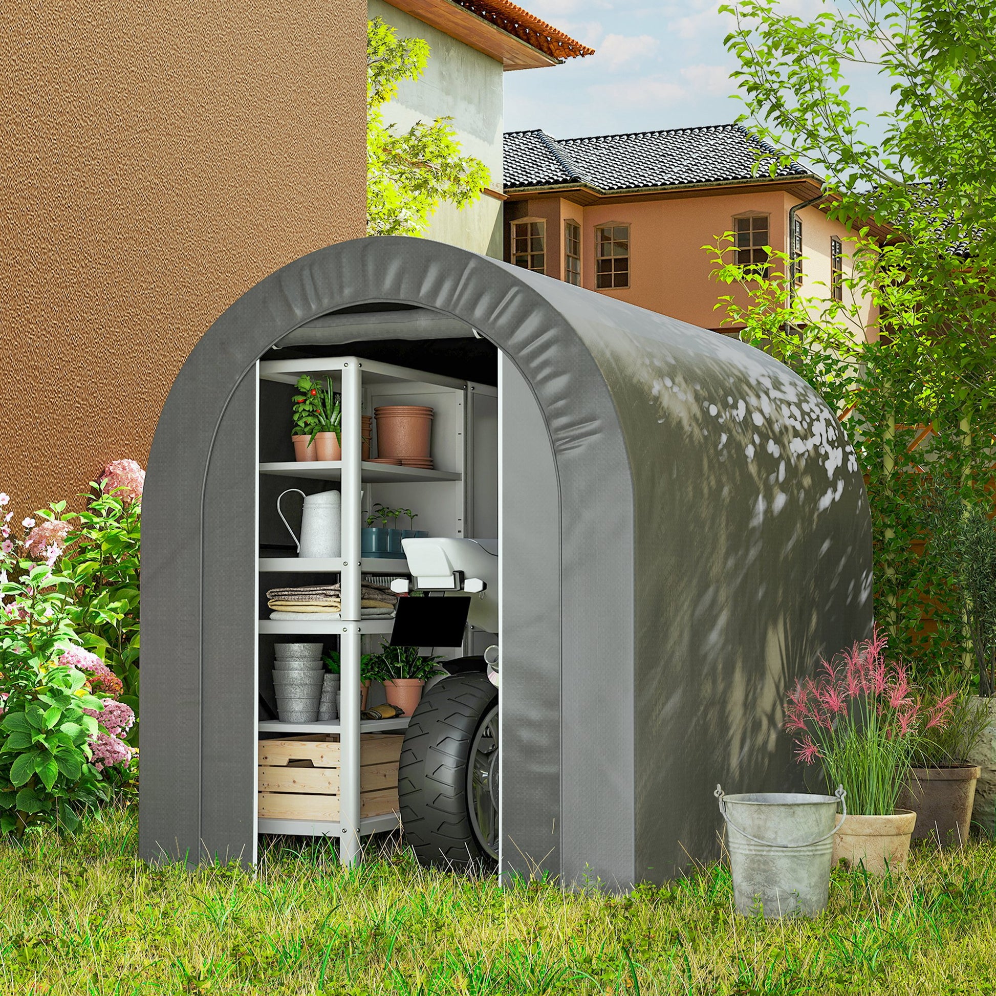 Outsunny Carpa de Jardín Exterior para Herramientas, Bicicletas, 2,4x1,6x1,9 m, Cobertizo Exterior con Marco de Acero, Puerta Enrollable con Cremallera, Impermeable, Garaje Portátil, Gris Claro