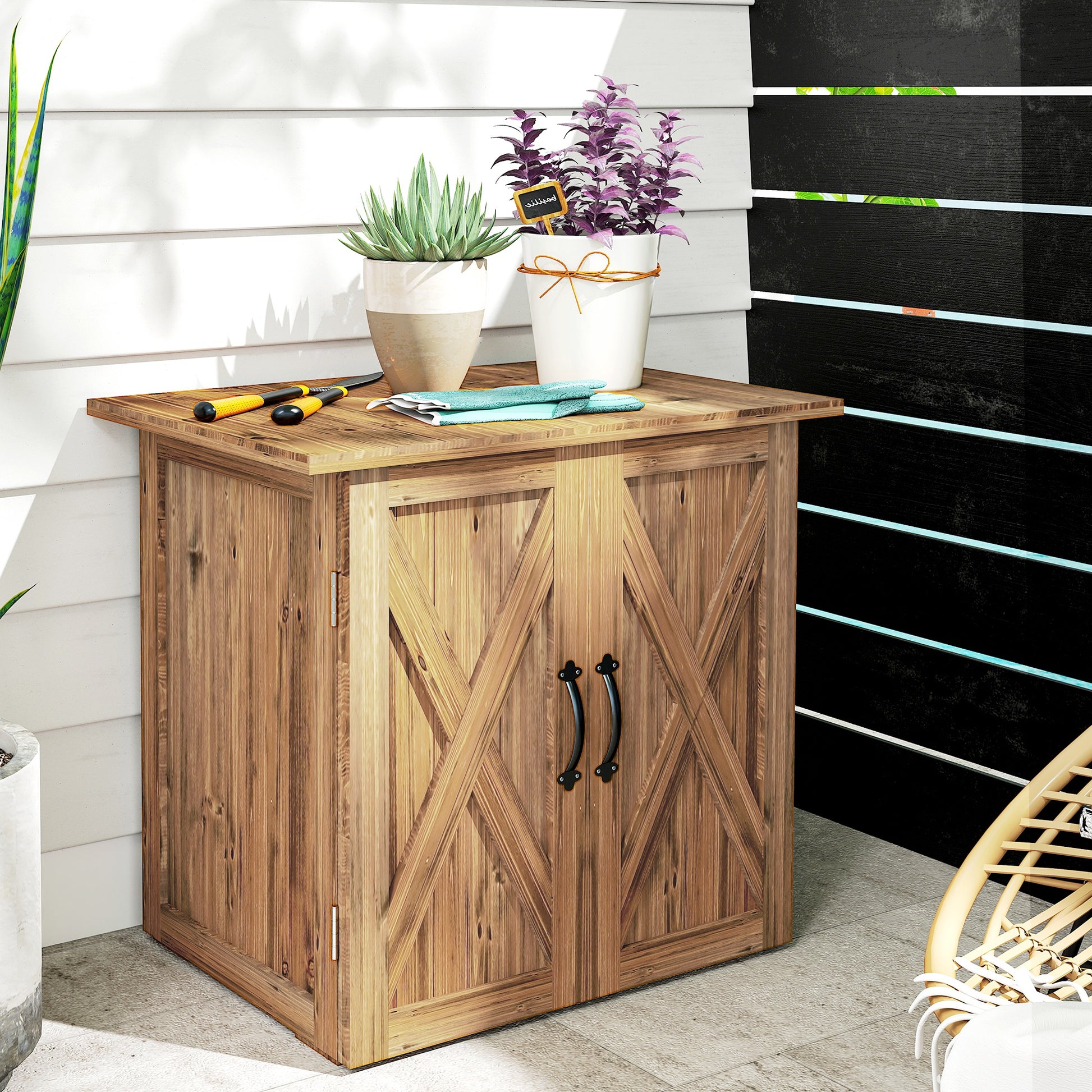 Outsunny Armario de Exterior de Madera Caseta de Jardín Exterior con 2 Puertas Magnéticas Anti-UV Impermeable Cobertizo de Jardín para Almacenamiento de Herramientas 77x55x72 cm Marrón